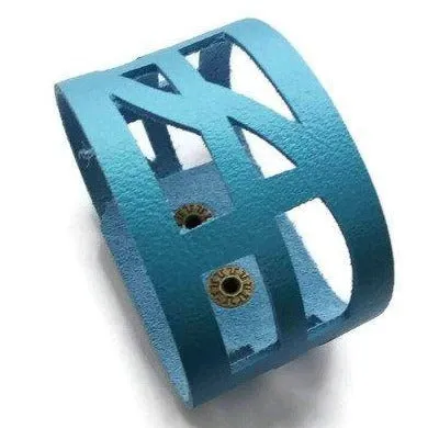 Blue Leather Wrist band.  Reclaimed Leather Cuff Bracelet, Hand cut, Laser cut style