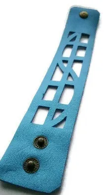 Blue Leather Wrist band.  Reclaimed Leather Cuff Bracelet, Hand cut, Laser cut style