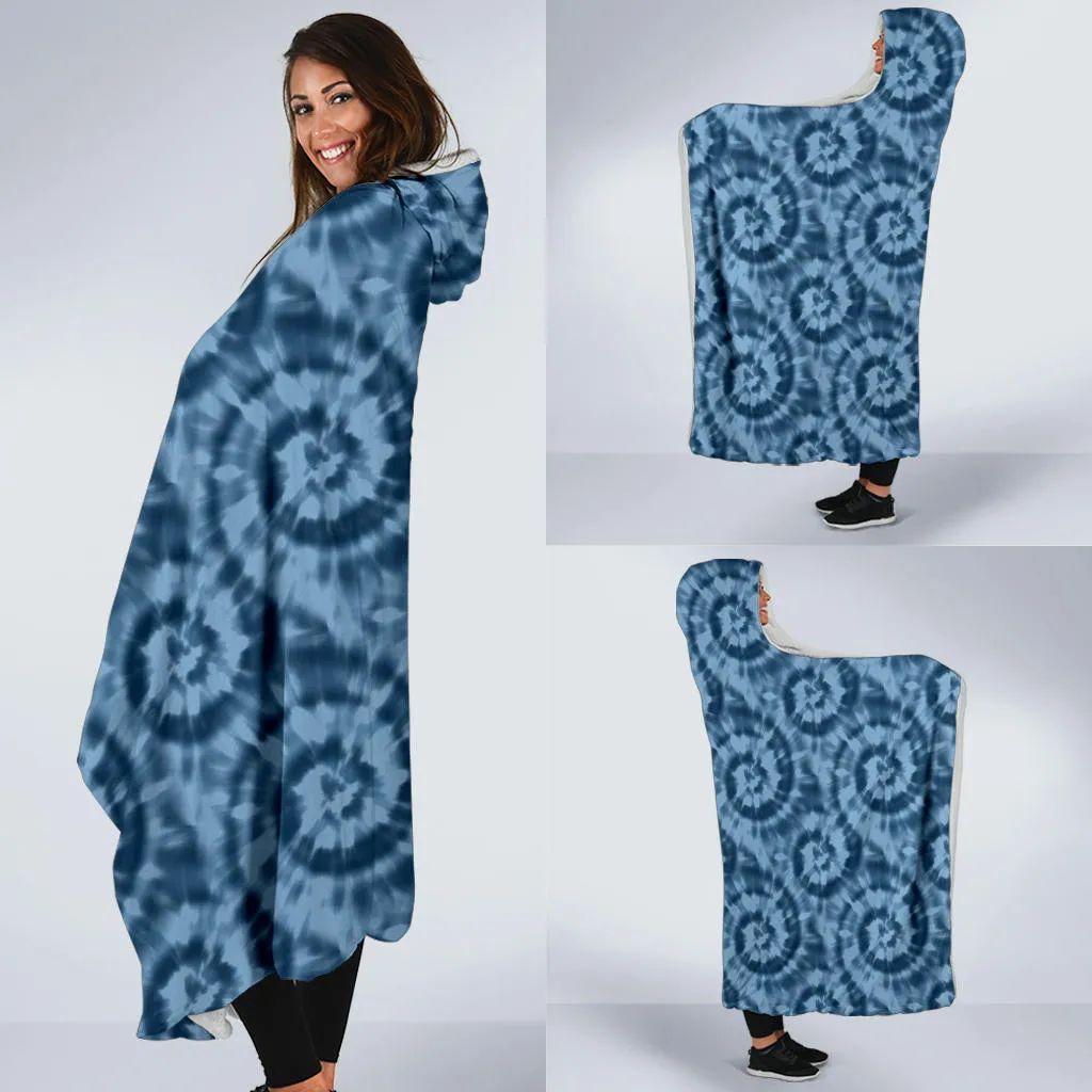 Blue Tie Dye Hooded Blanket With White Fleece Lining