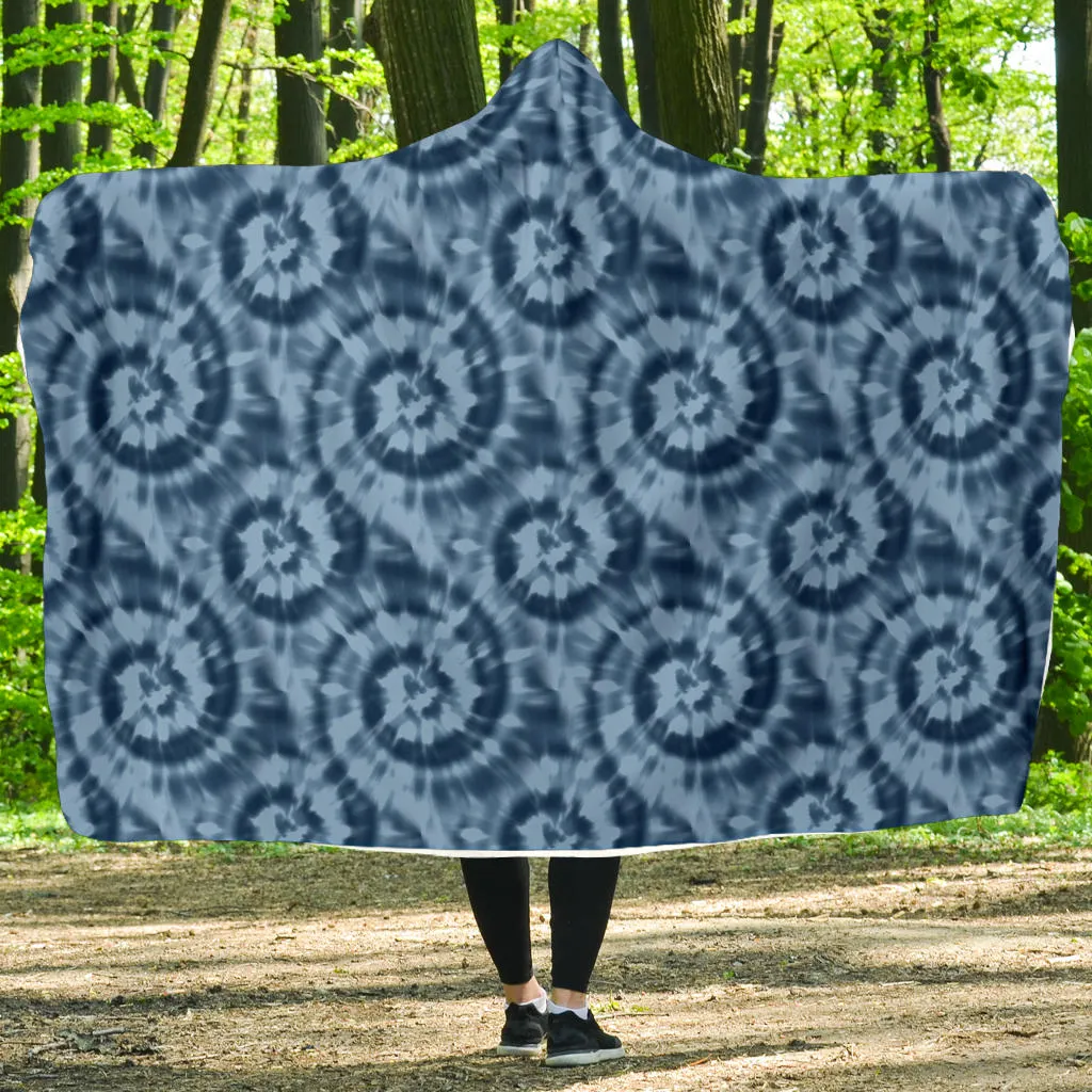 Blue Tie Dye Hooded Blanket With White Fleece Lining