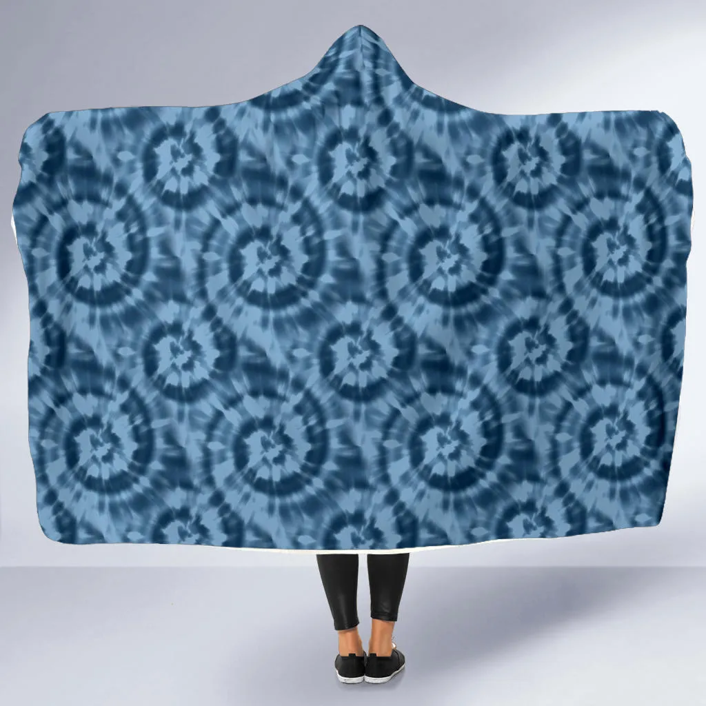 Blue Tie Dye Hooded Blanket With White Fleece Lining