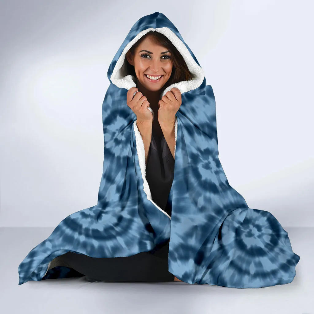 Blue Tie Dye Hooded Blanket With White Fleece Lining