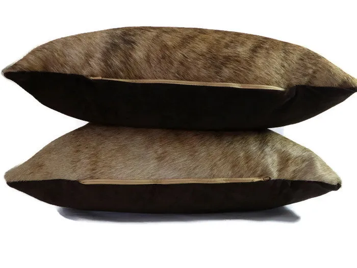 Brindle Hair On Cowhide Leather Pillow with Dark Brown Suede Back and Bottom Zip Size 20 x 20