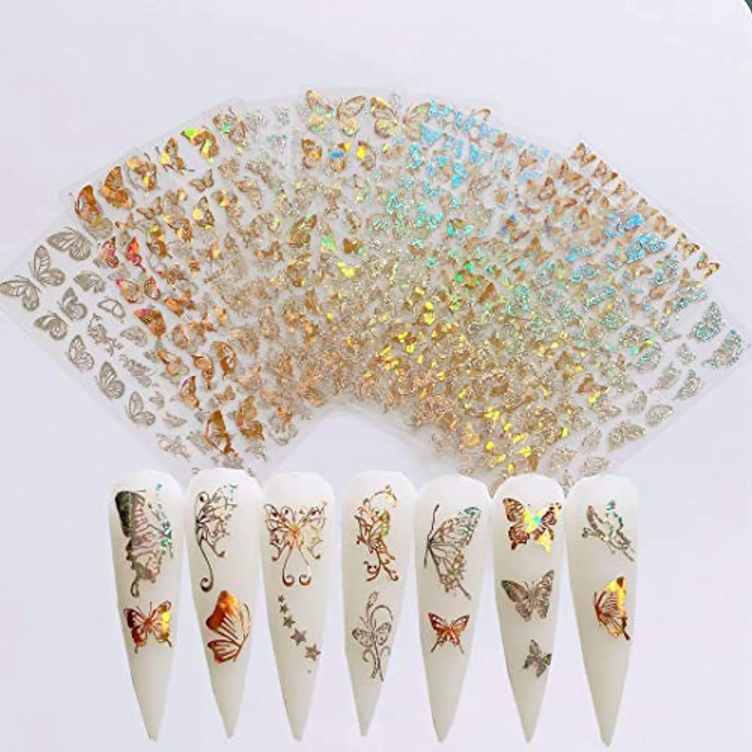 Butterfly Nail Art Stickers 8 Sheets Laser 3D Butterfly Nail Stickers Polish Sliders Butterfly Designs Full Cover Nail Self Adhesive Decals for Women Nail Art Set Manicure Tips Wraps Decorations