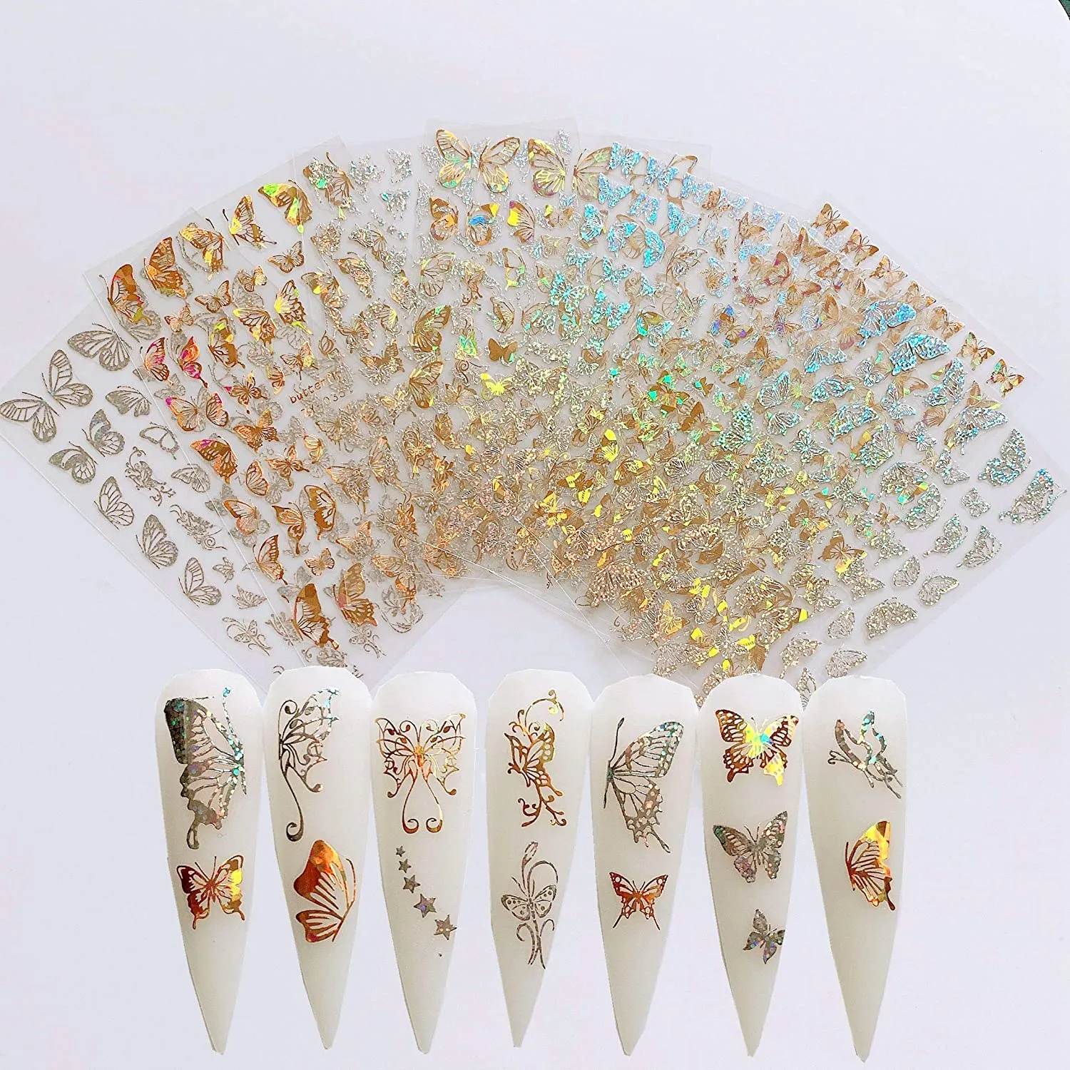 Butterfly Nail Art Stickers 8 Sheets Laser 3D Butterfly Nail Stickers Polish Sliders Butterfly Designs Full Cover Nail Self Adhesive Decals for Women Nail Art Set Manicure Tips Wraps Decorations