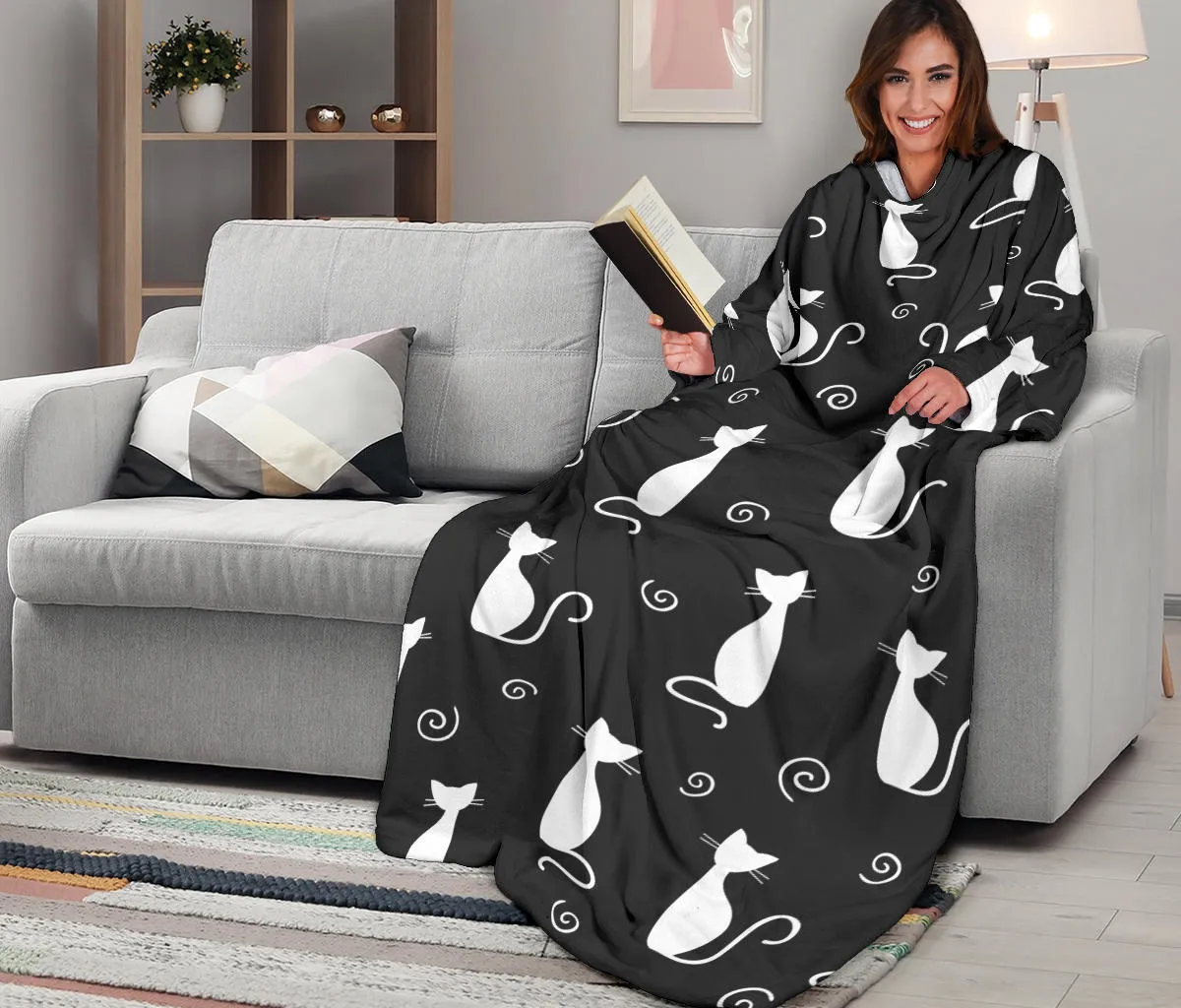 Cat Adult Sleeve Blanket - Black and White