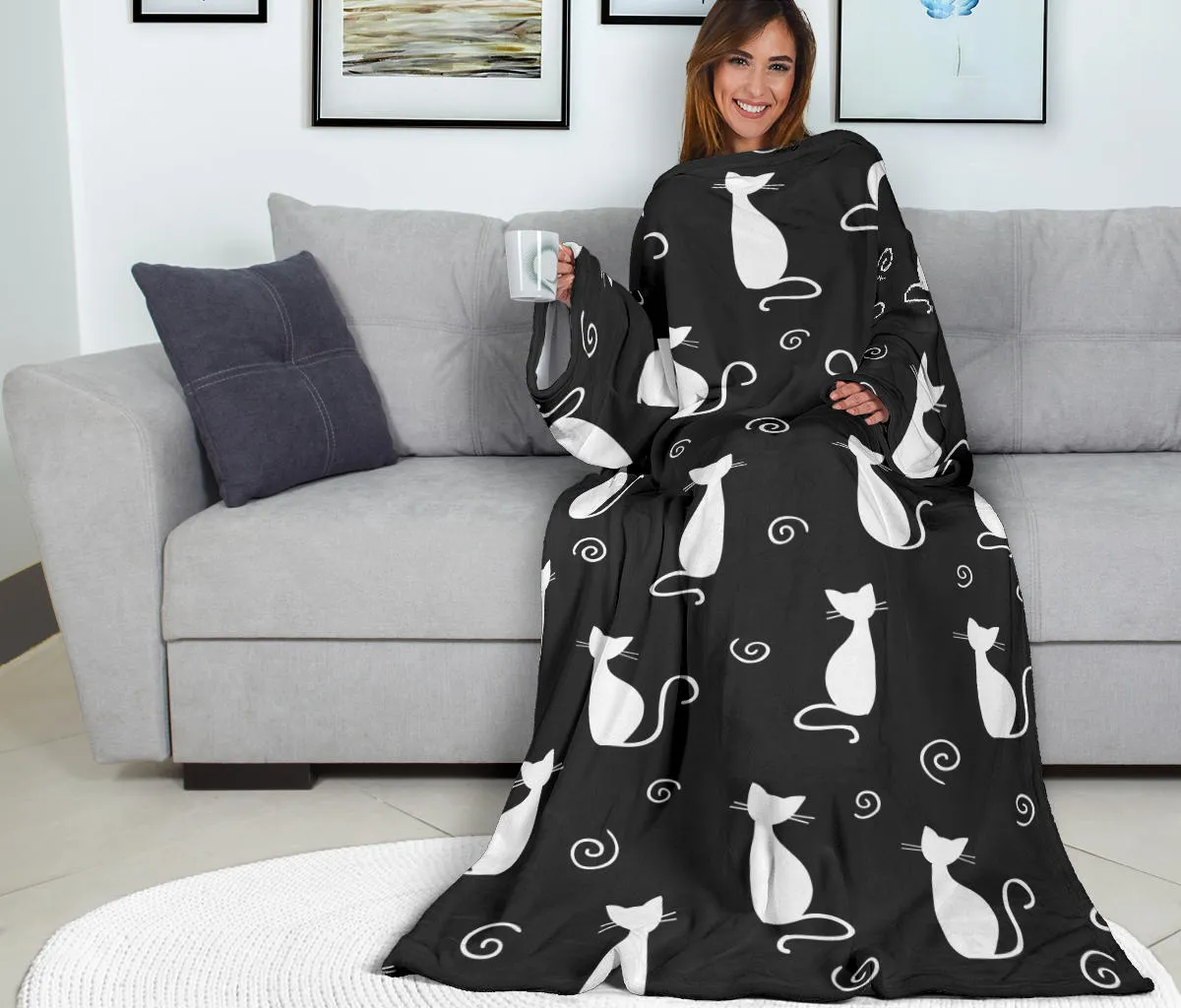 Cat Adult Sleeve Blanket - Black and White