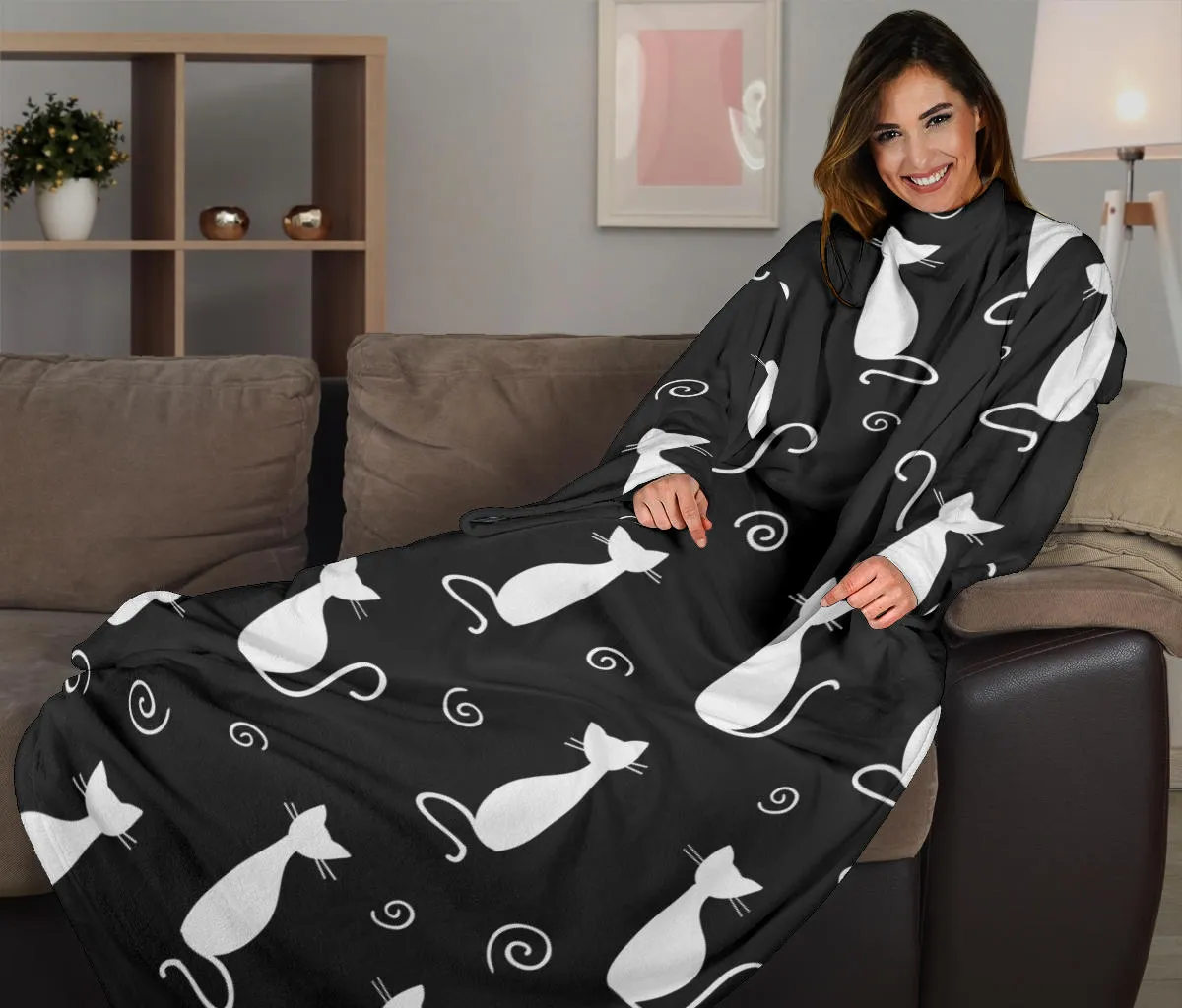 Cat Adult Sleeve Blanket - Black and White