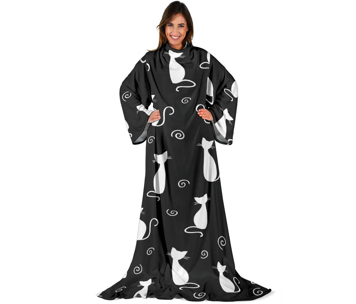 Cat Adult Sleeve Blanket - Black and White