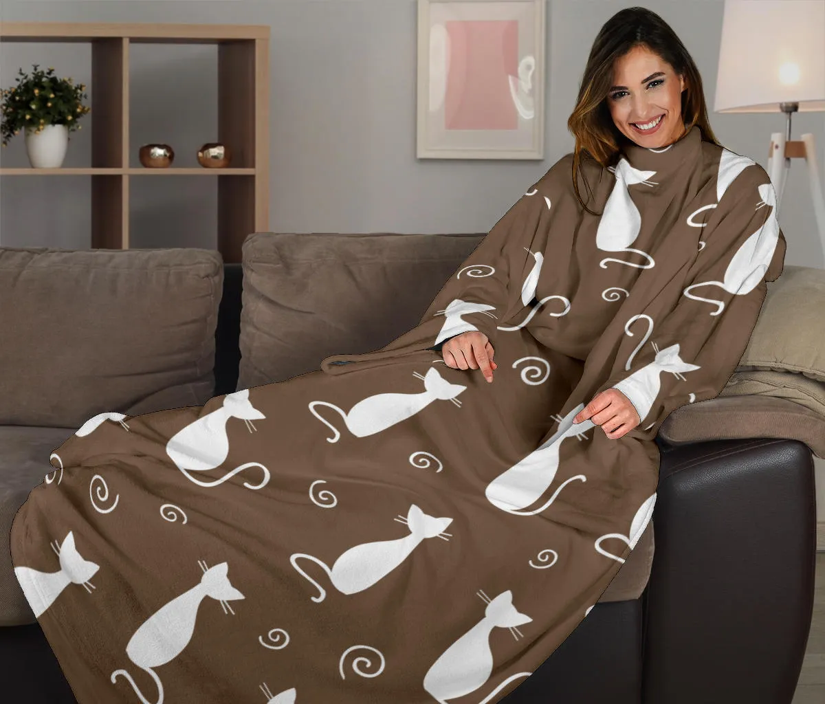 Cat Adult Sleeve Blanket - Dark Brown