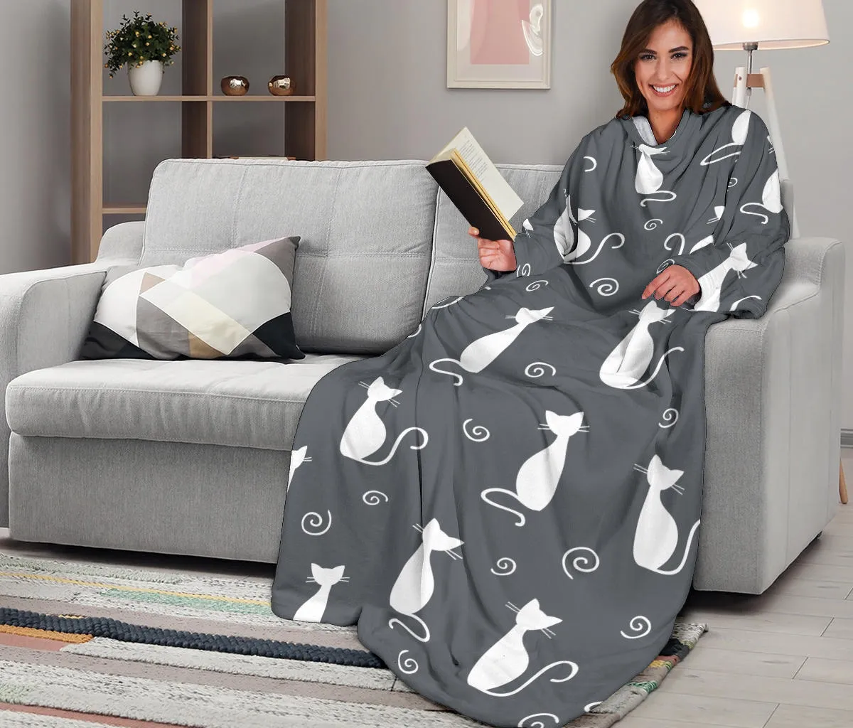 Cat Adult Sleeve Blanket - Grey