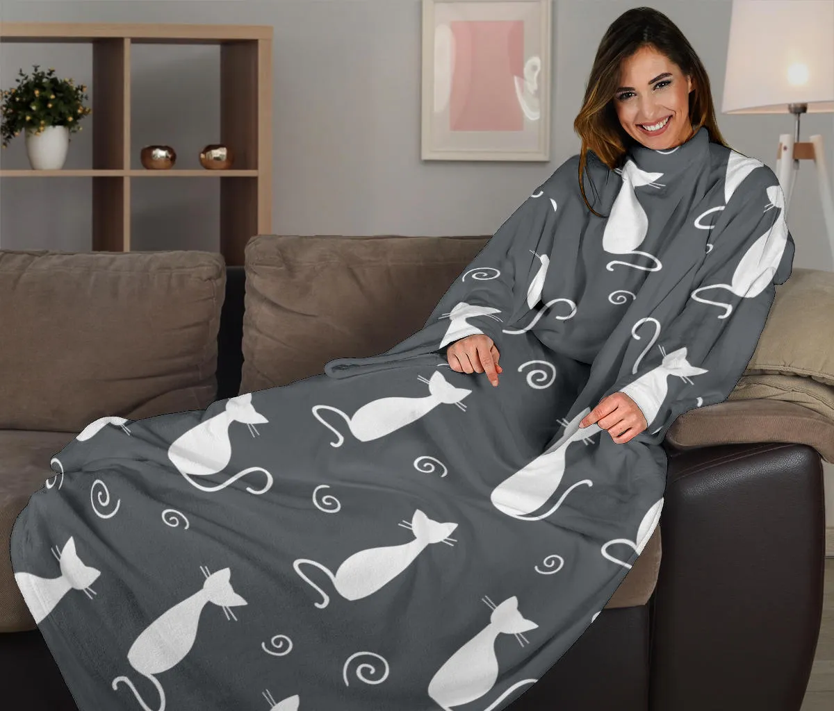 Cat Adult Sleeve Blanket - Grey