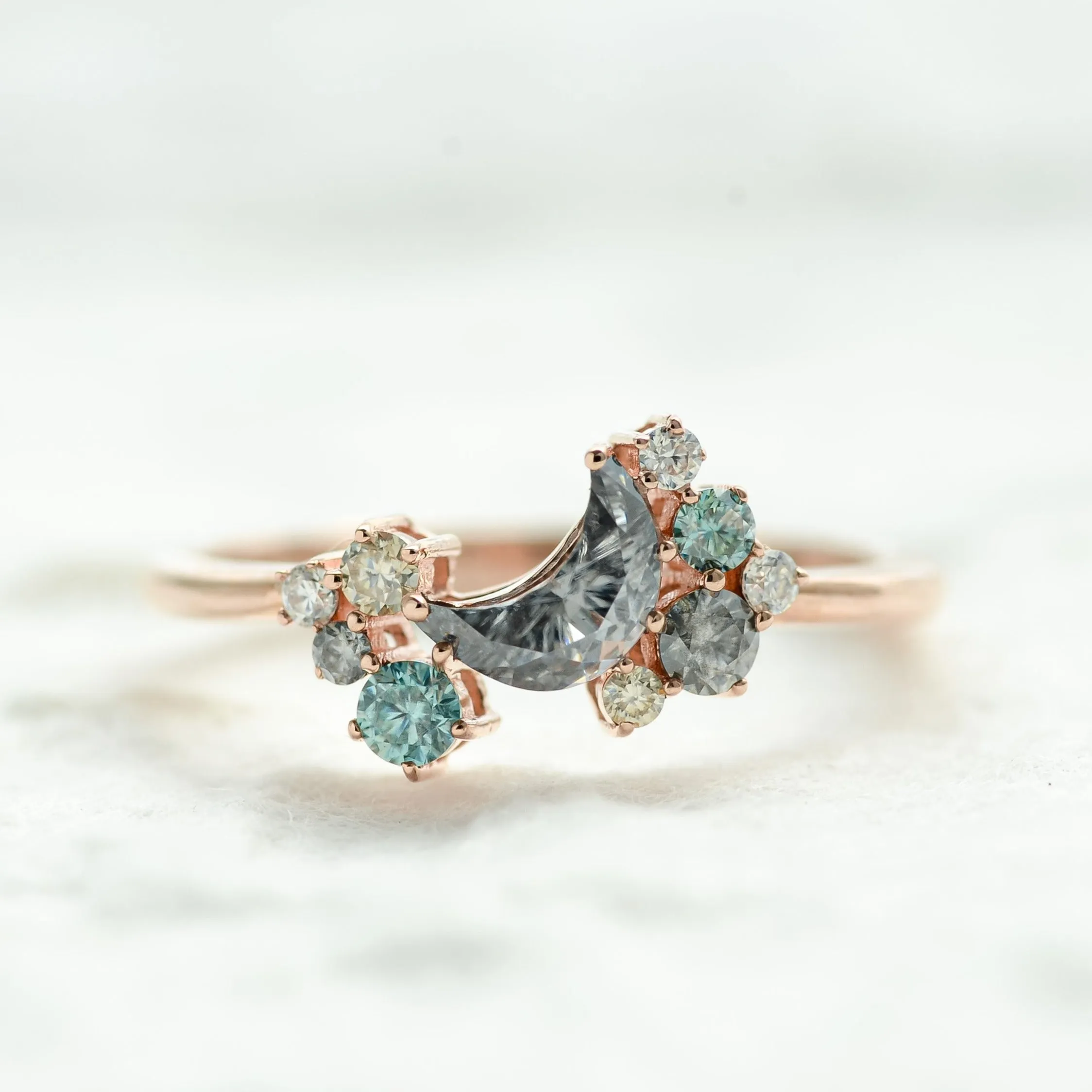 Chandra Noir | Crescent Cut Gray Moissanite Cluster Ring