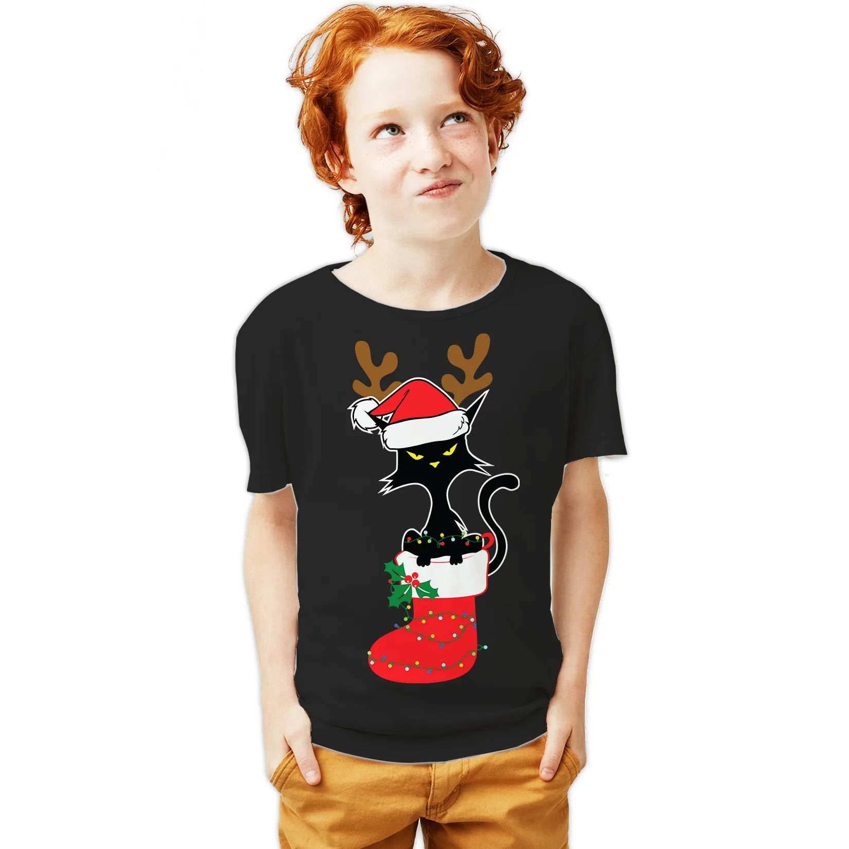 Christmas Cat Lover Santa Hat Stocking Vintage Fun Sweet Lol Youth T-Shirt