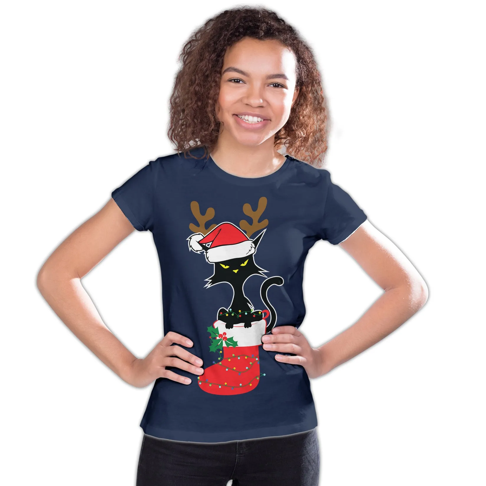 Christmas Cat Lover Santa Hat Stocking Vintage Fun Sweet Lol Youth T-Shirt