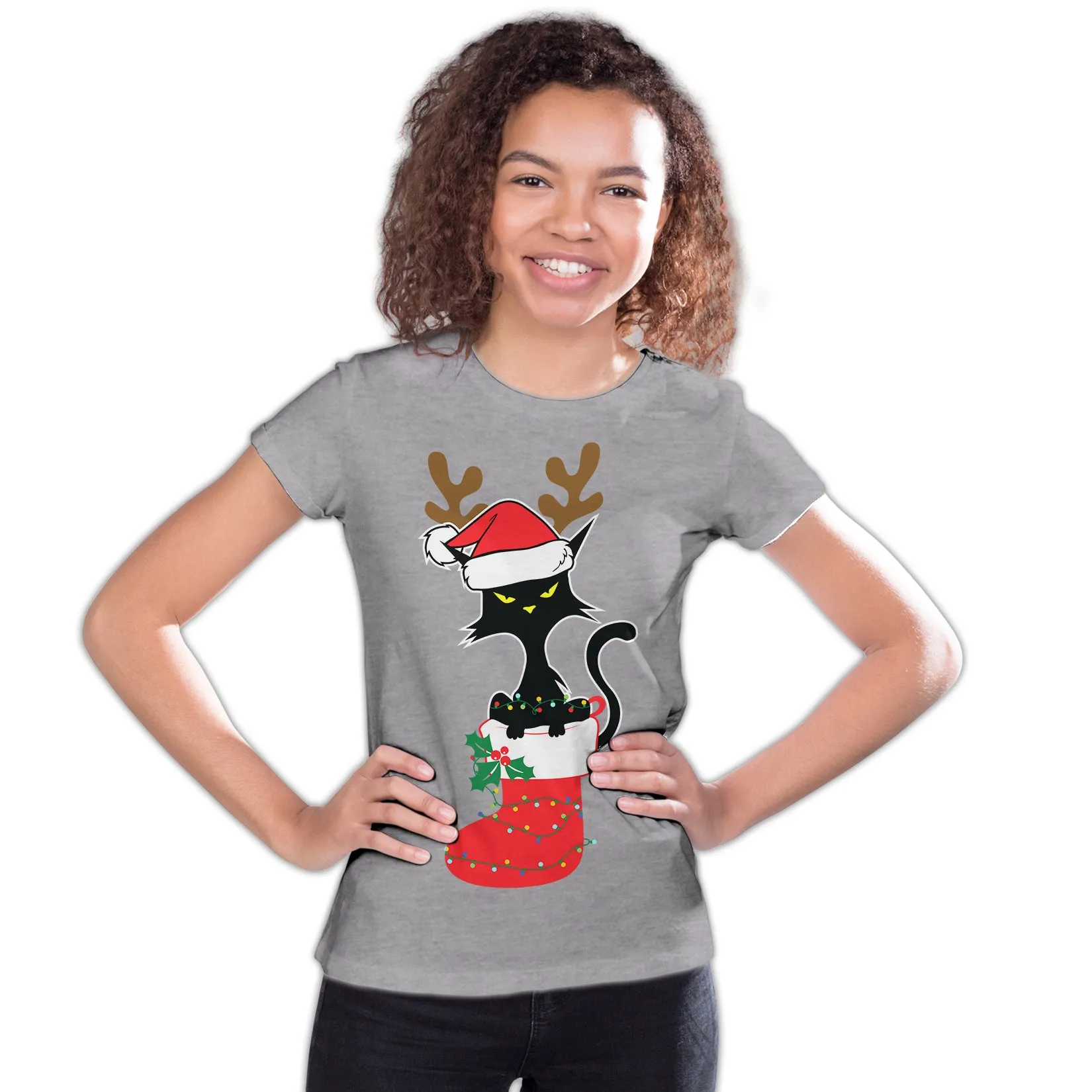 Christmas Cat Lover Santa Hat Stocking Vintage Fun Sweet Lol Youth T-Shirt