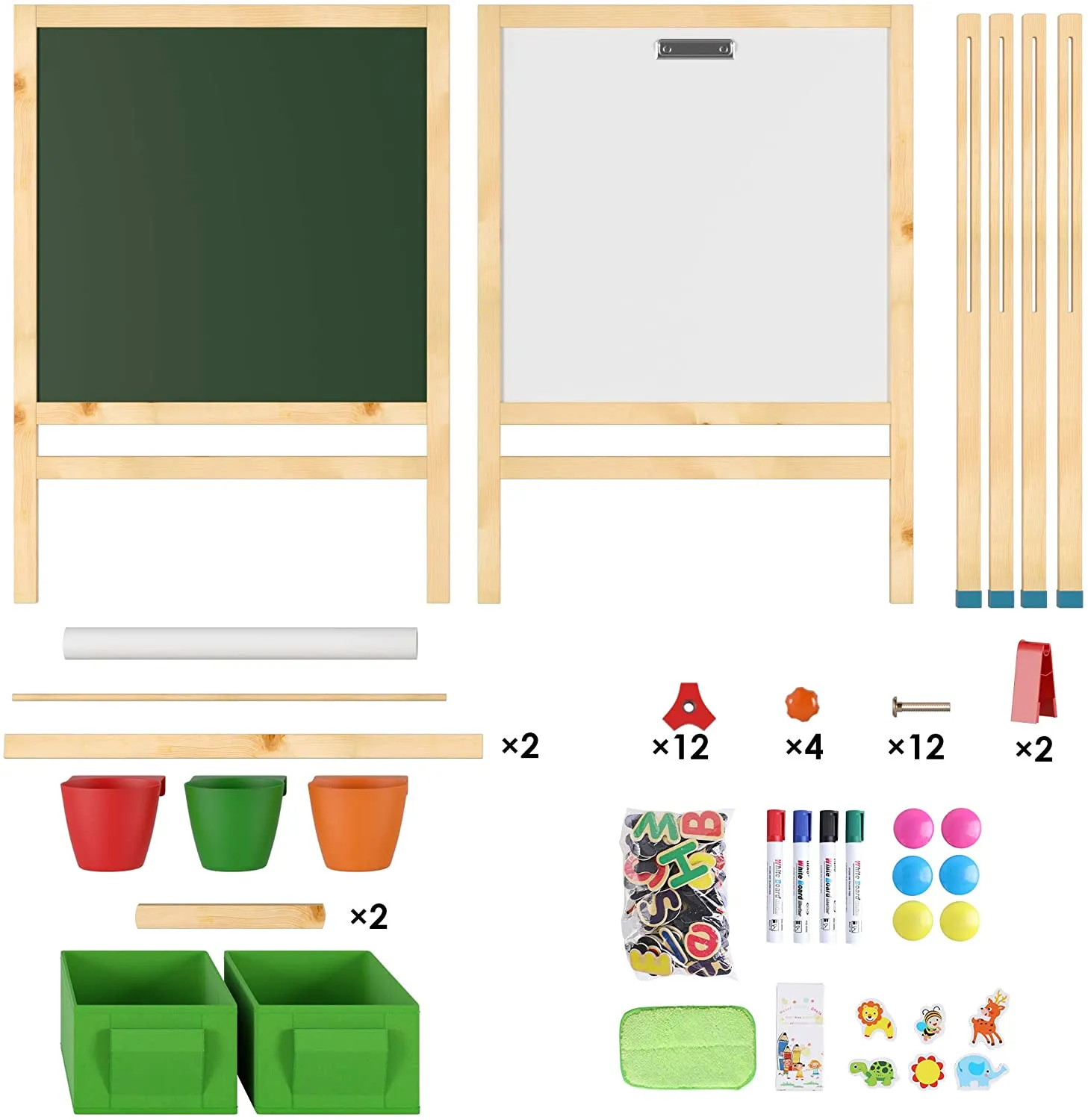 Deluxe Height Adjustable Kids Eco-Pine Easel | Blackboard Magnetic Whiteboard with 30 pc Accessory Kit  | Storage | 3-10 Years