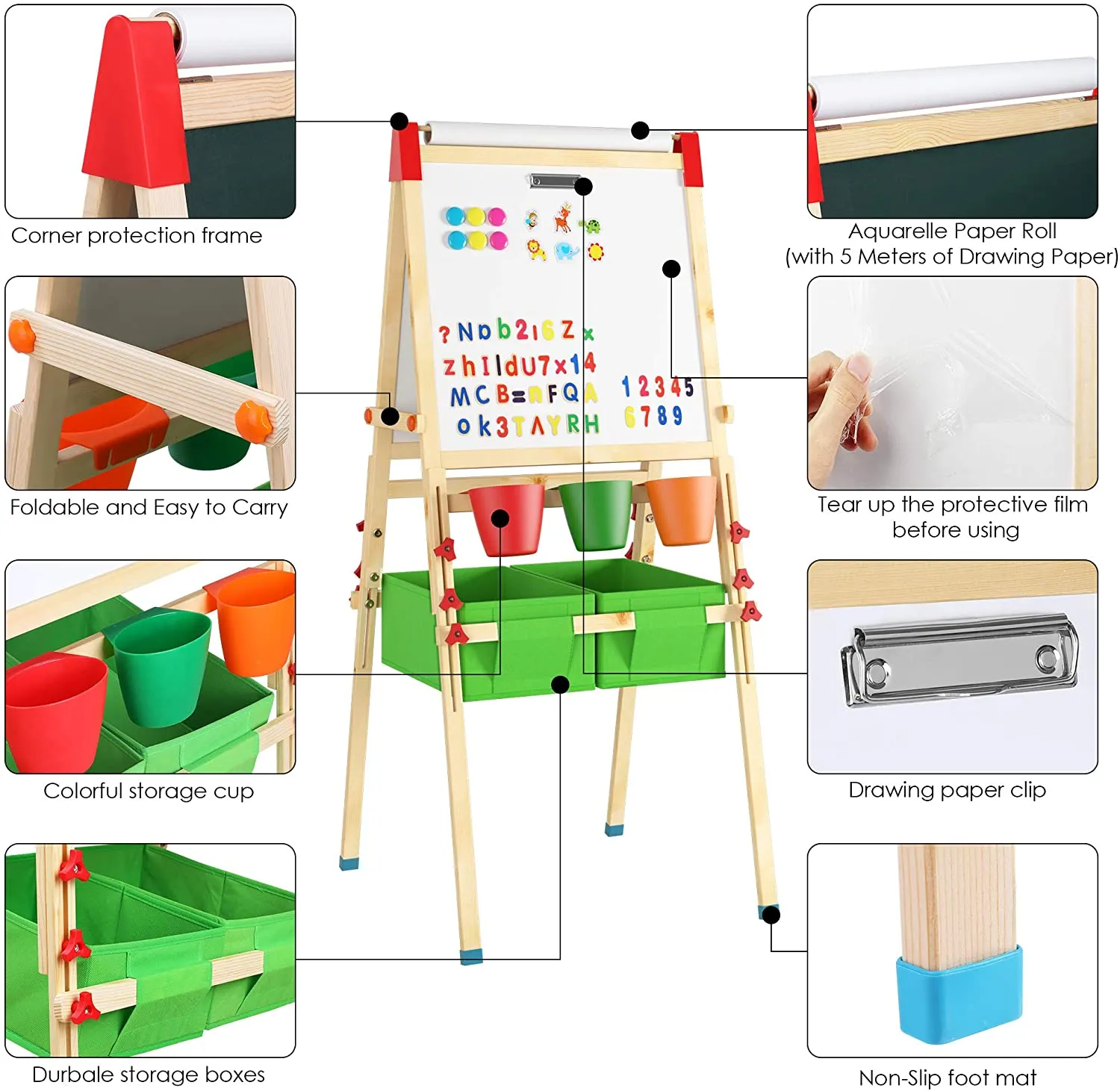 Deluxe Height Adjustable Kids Eco-Pine Easel | Blackboard Magnetic Whiteboard with 30 pc Accessory Kit  | Storage | 3-10 Years