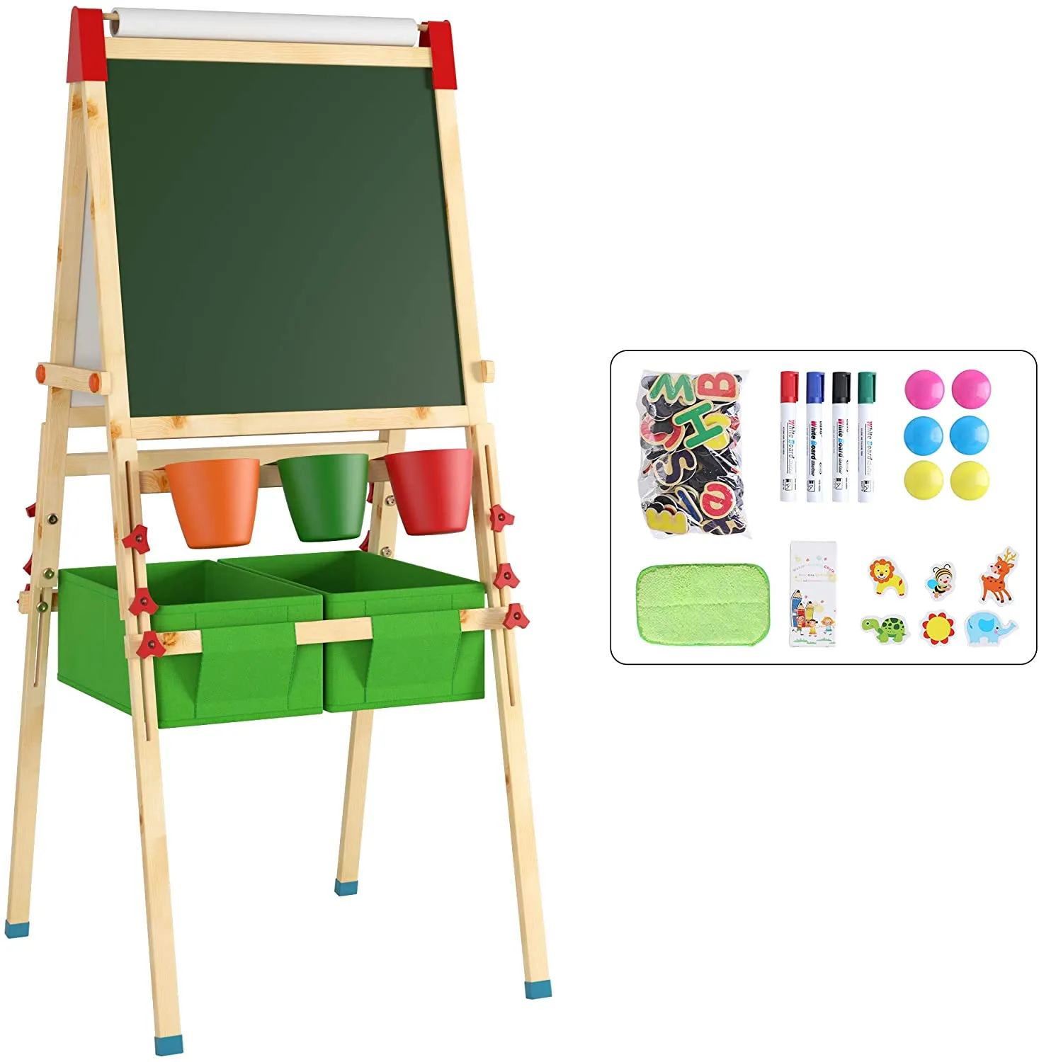 Deluxe Height Adjustable Kids Eco-Pine Easel | Blackboard Magnetic Whiteboard with 30 pc Accessory Kit  | Storage | 3-10 Years