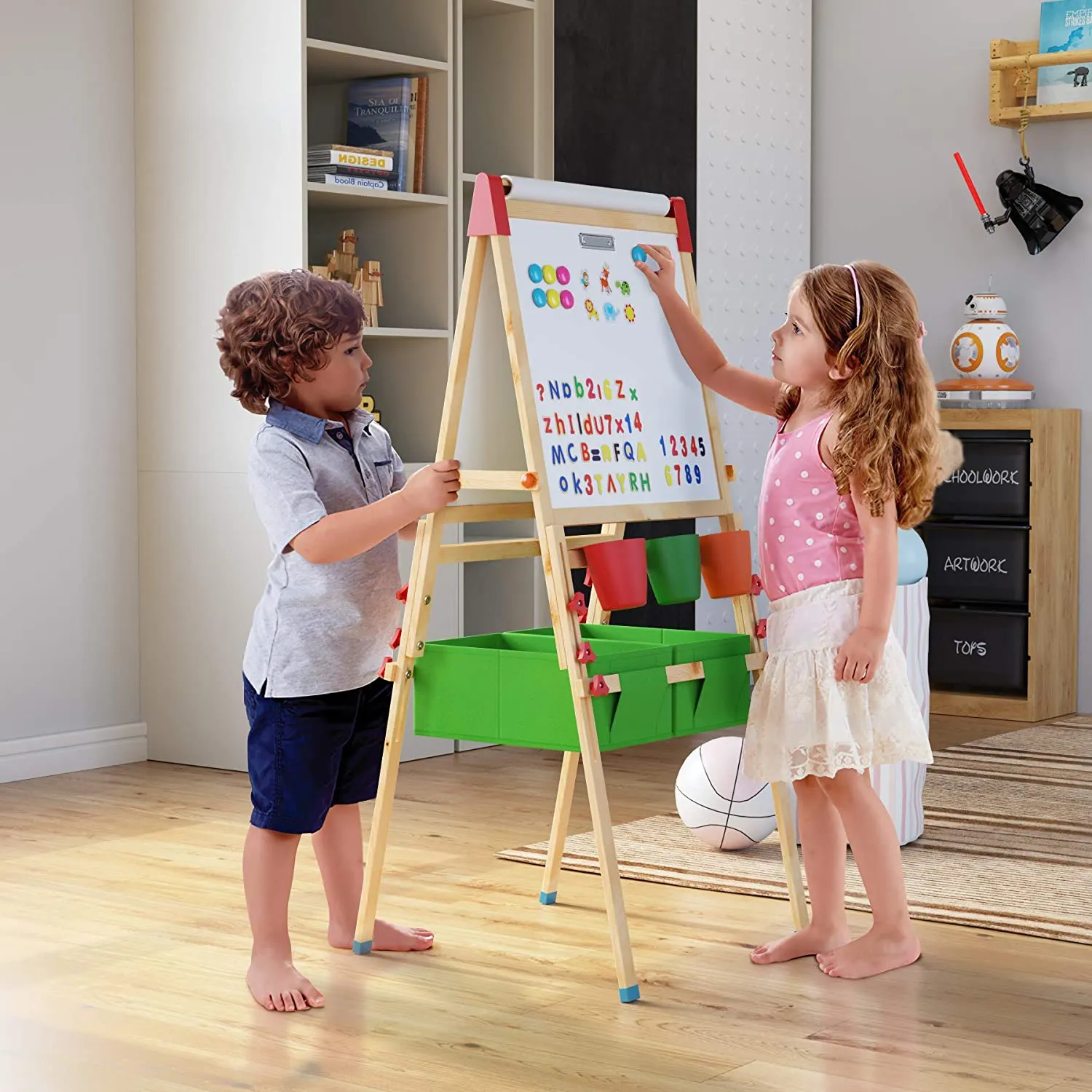Deluxe Height Adjustable Kids Eco-Pine Easel | Blackboard Magnetic Whiteboard with 30 pc Accessory Kit  | Storage | 3-10 Years