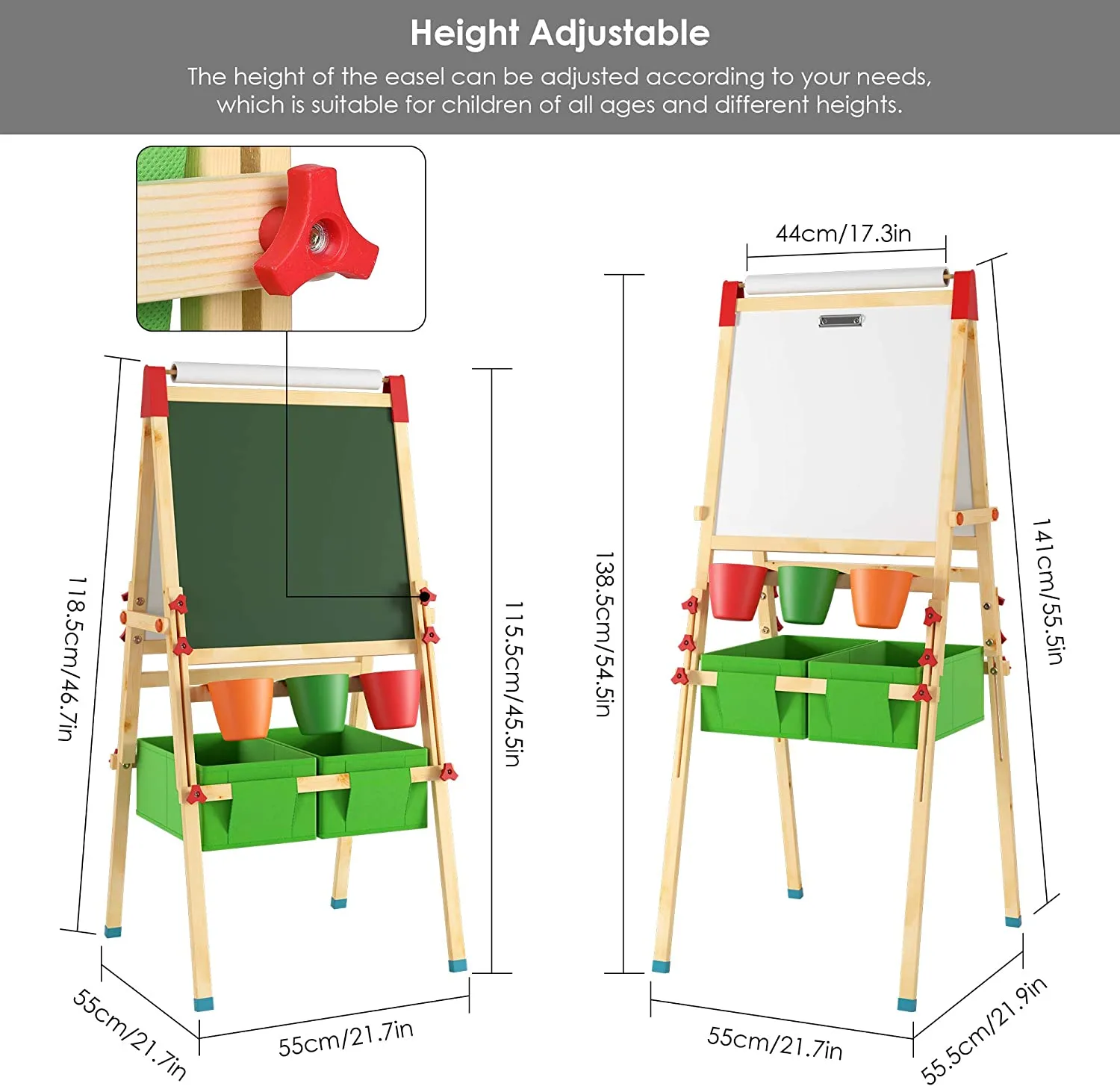 Deluxe Height Adjustable Kids Eco-Pine Easel | Blackboard Magnetic Whiteboard with 30 pc Accessory Kit  | Storage | 3-10 Years