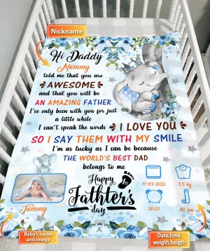 Elephant Happy 1st Father's day Personalized Fleece Blanket