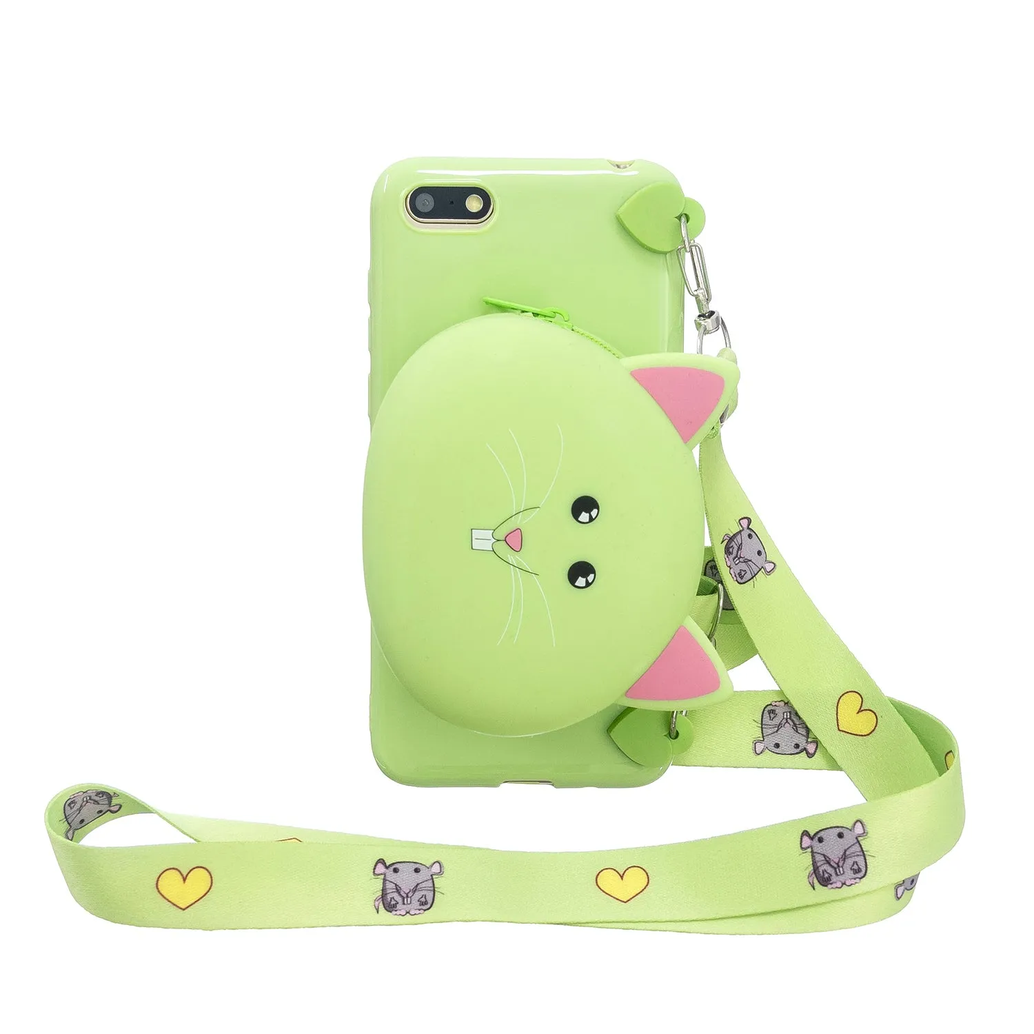 For HUAWEI Y5 2018/Y5 2019 Cellphone Case Mobile Phone Shell Shockproof TPU Cover with Cartoon Cat Pig Panda Coin Purse Lovely Shoulder Starp  Black