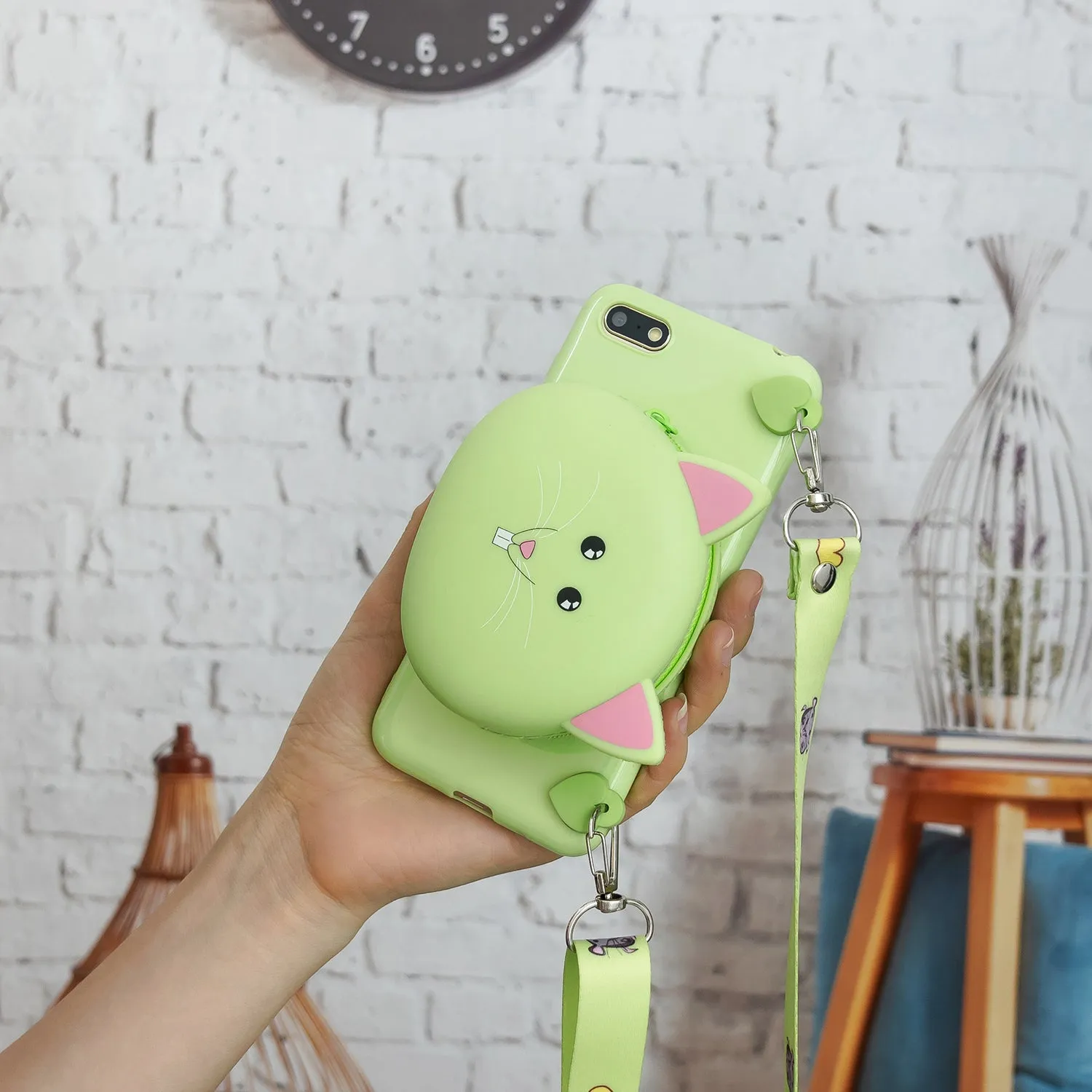 For HUAWEI Y5 2018/Y5 2019 Cellphone Case Mobile Phone Shell Shockproof TPU Cover with Cartoon Cat Pig Panda Coin Purse Lovely Shoulder Starp  Green