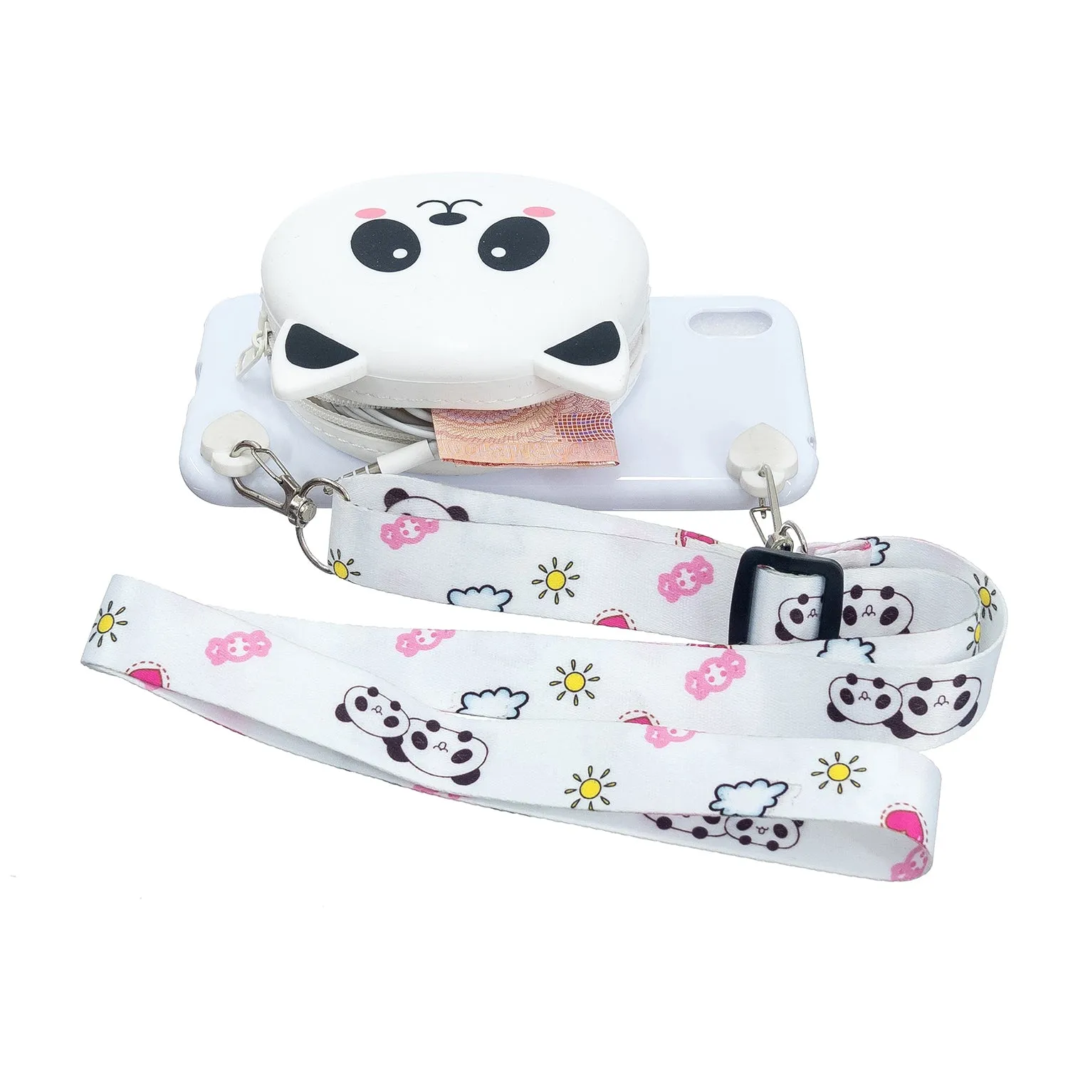 For HUAWEI Y5 2018/Y5 2019 Cellphone Case Mobile Phone Shell Shockproof TPU Cover with Cartoon Cat Pig Panda Coin Purse Lovely Shoulder Starp  White