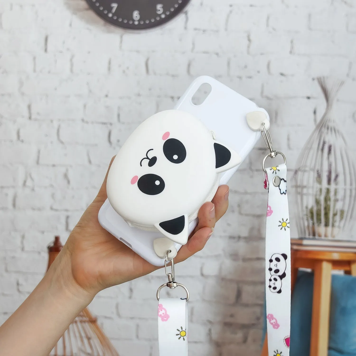 For HUAWEI Y5 2018/Y5 2019 Cellphone Case Mobile Phone Shell Shockproof TPU Cover with Cartoon Cat Pig Panda Coin Purse Lovely Shoulder Starp  White