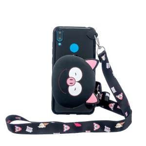 For HUAWEI Y6/Y7 Prime 2019 Cellphone Case Mobile Phone Shell Shockproof TPU Cover with Cartoon Cat Pig Panda Coin Purse Lovely Shoulder Starp  Black