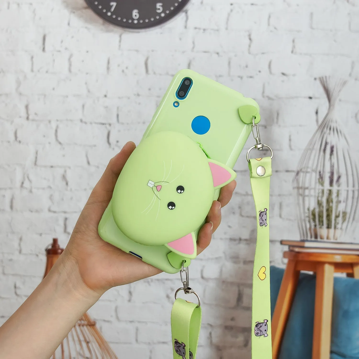 For HUAWEI Y6/Y7 Prime 2019 Cellphone Case Mobile Phone Shell Shockproof TPU Cover with Cartoon Cat Pig Panda Coin Purse Lovely Shoulder Starp  Black