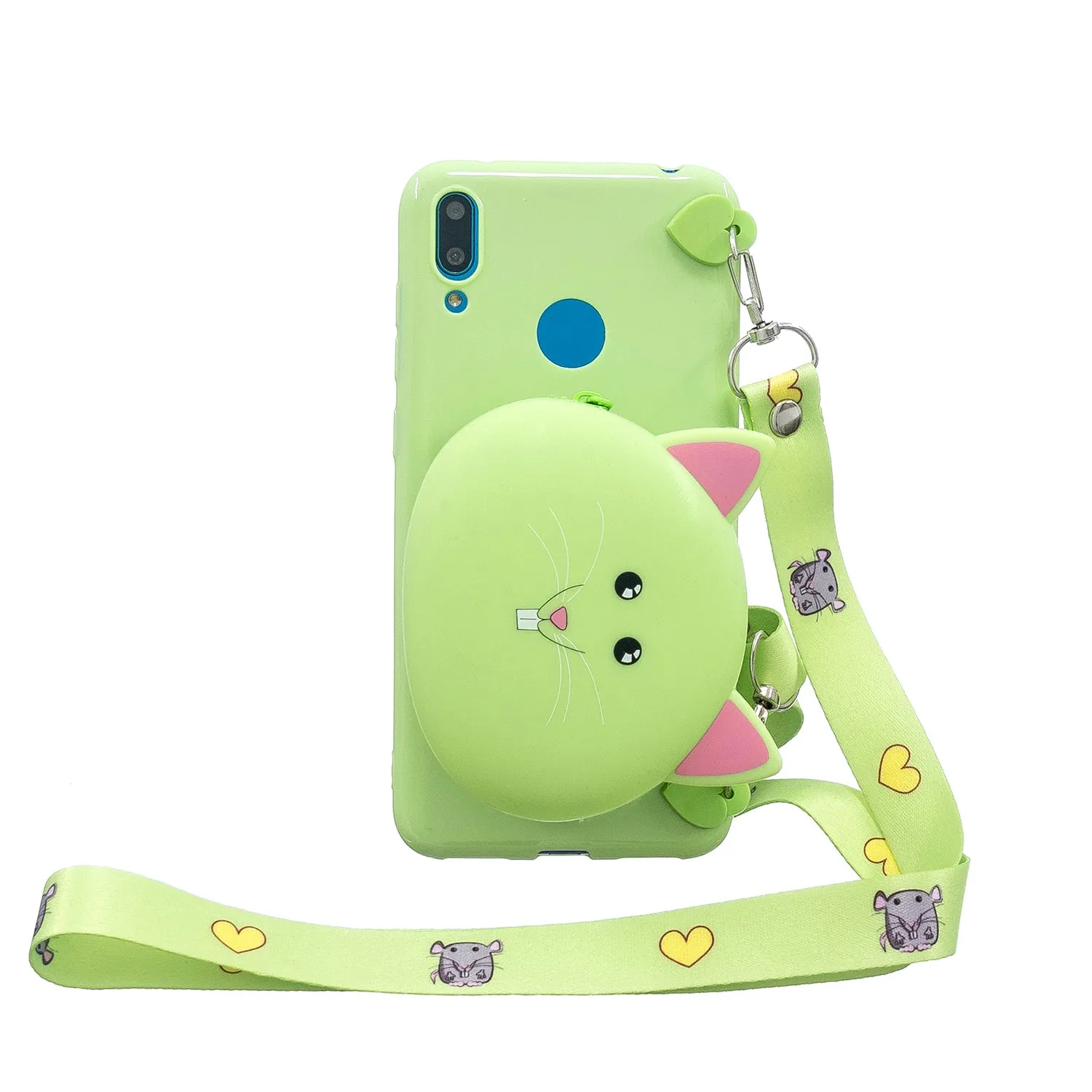 For HUAWEI Y6/Y7 Prime 2019 Cellphone Case Mobile Phone Shell Shockproof TPU Cover with Cartoon Cat Pig Panda Coin Purse Lovely Shoulder Starp  Black