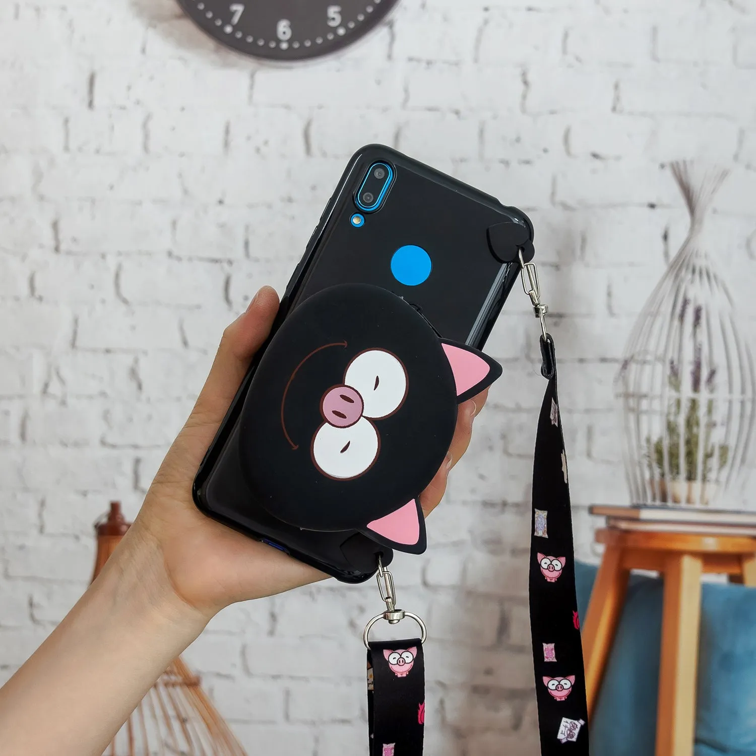 For HUAWEI Y6/Y7 Prime 2019 Cellphone Case Mobile Phone Shell Shockproof TPU Cover with Cartoon Cat Pig Panda Coin Purse Lovely Shoulder Starp  Black