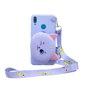 For HUAWEI Y6/Y7 Prime 2019 Cellphone Case Mobile Phone Shell Shockproof TPU Cover with Cartoon Cat Pig Panda Coin Purse Lovely Shoulder Starp  Purple