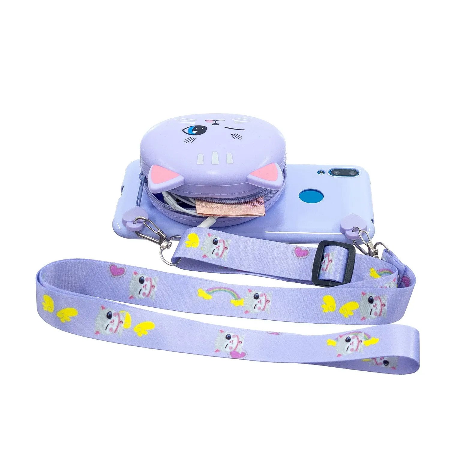 For HUAWEI Y6/Y7 Prime 2019 Cellphone Case Mobile Phone Shell Shockproof TPU Cover with Cartoon Cat Pig Panda Coin Purse Lovely Shoulder Starp  Purple