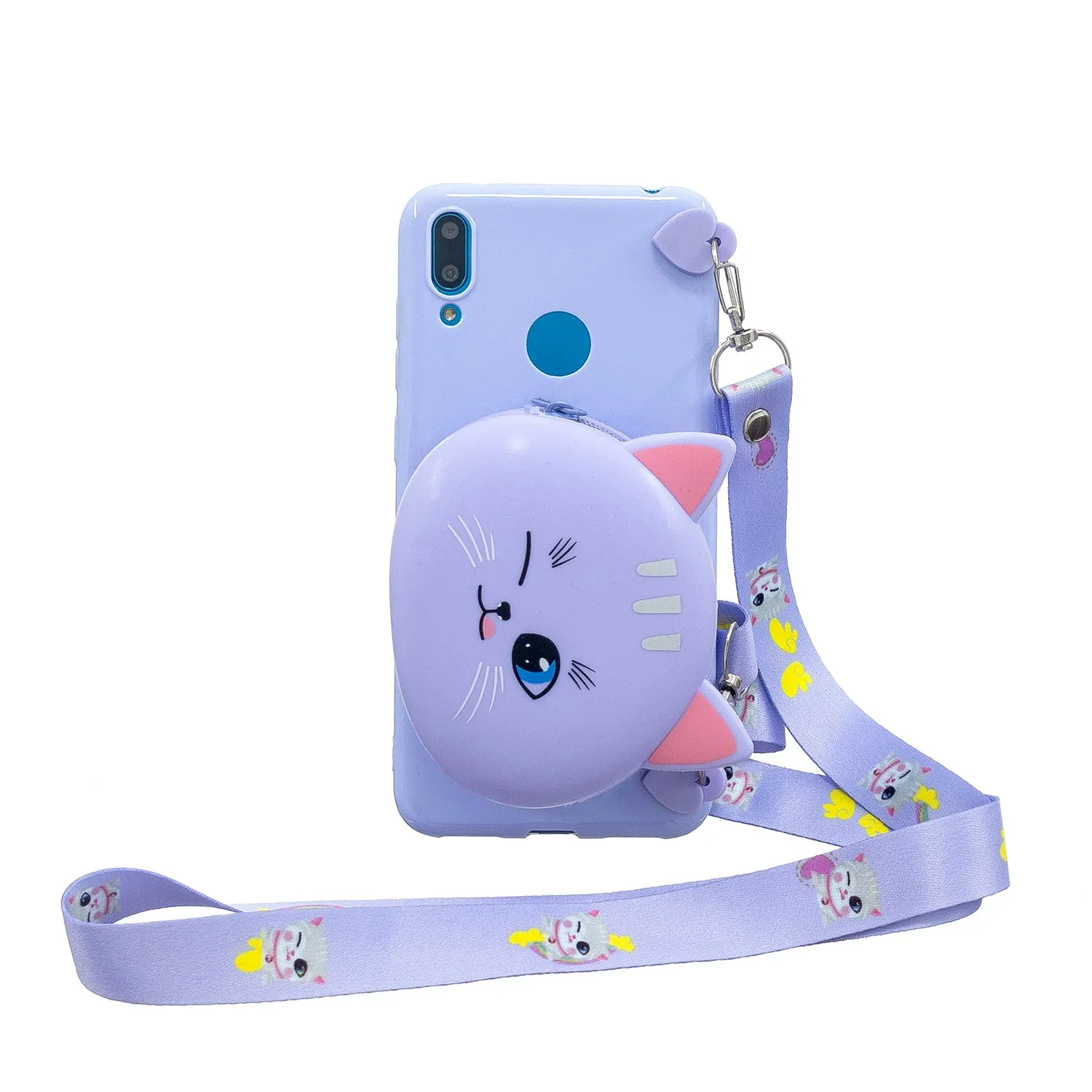 For HUAWEI Y6/Y7 Prime 2019 Cellphone Case Mobile Phone Shell Shockproof TPU Cover with Cartoon Cat Pig Panda Coin Purse Lovely Shoulder Starp  Purple