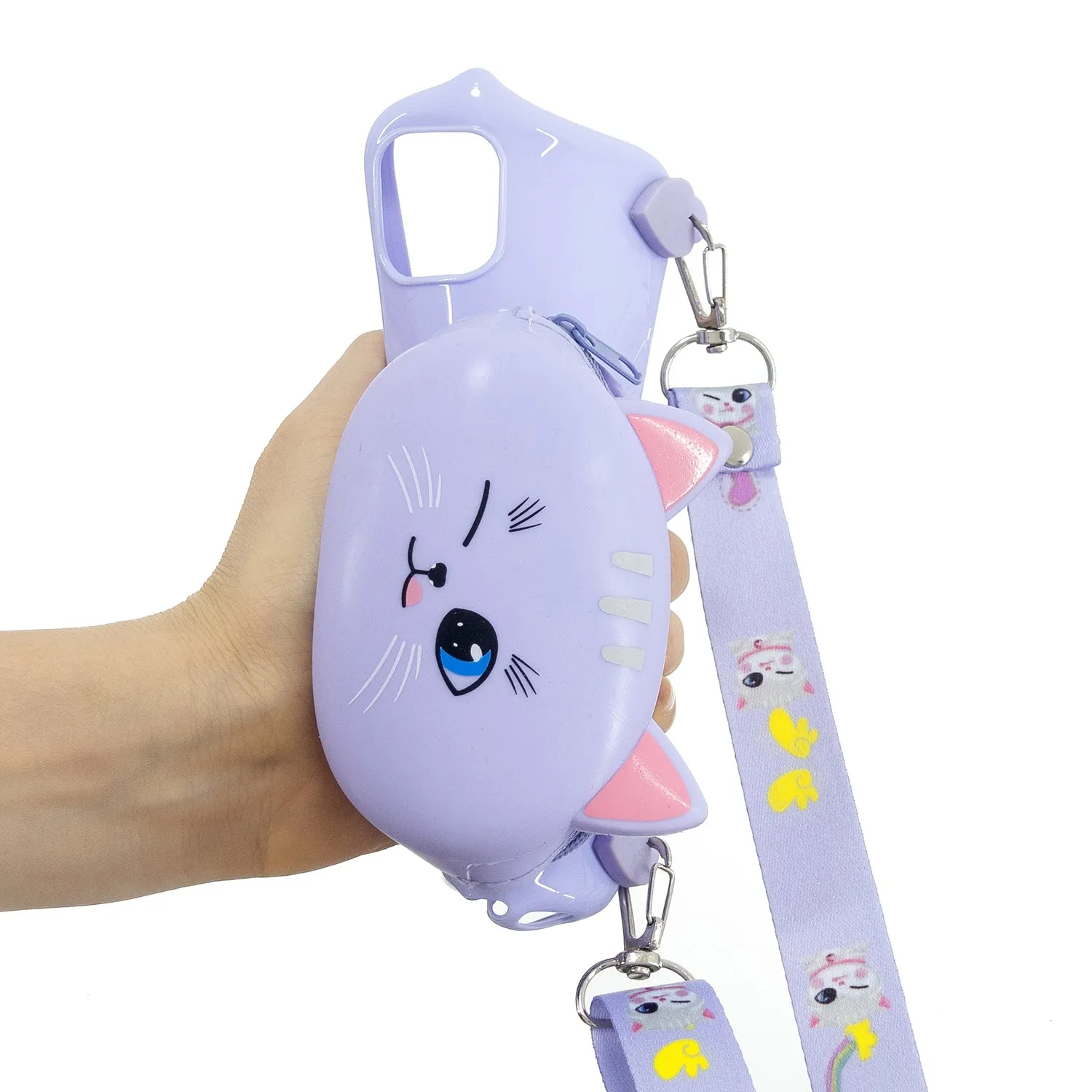 For HUAWEI Y6/Y7 Prime 2019 Cellphone Case Mobile Phone Shell Shockproof TPU Cover with Cartoon Cat Pig Panda Coin Purse Lovely Shoulder Starp  Purple