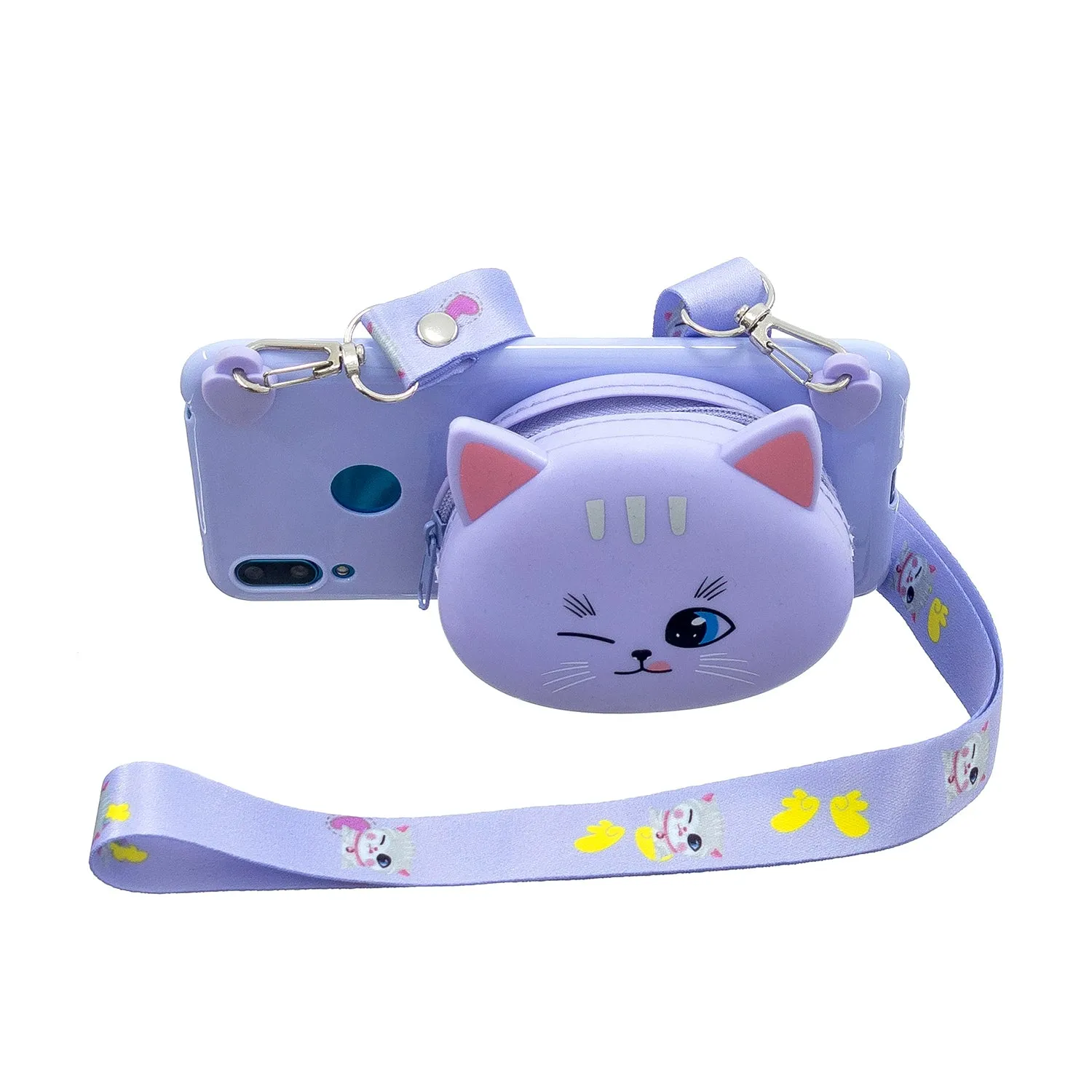 For HUAWEI Y6/Y7 Prime 2019 Cellphone Case Mobile Phone Shell Shockproof TPU Cover with Cartoon Cat Pig Panda Coin Purse Lovely Shoulder Starp  Purple