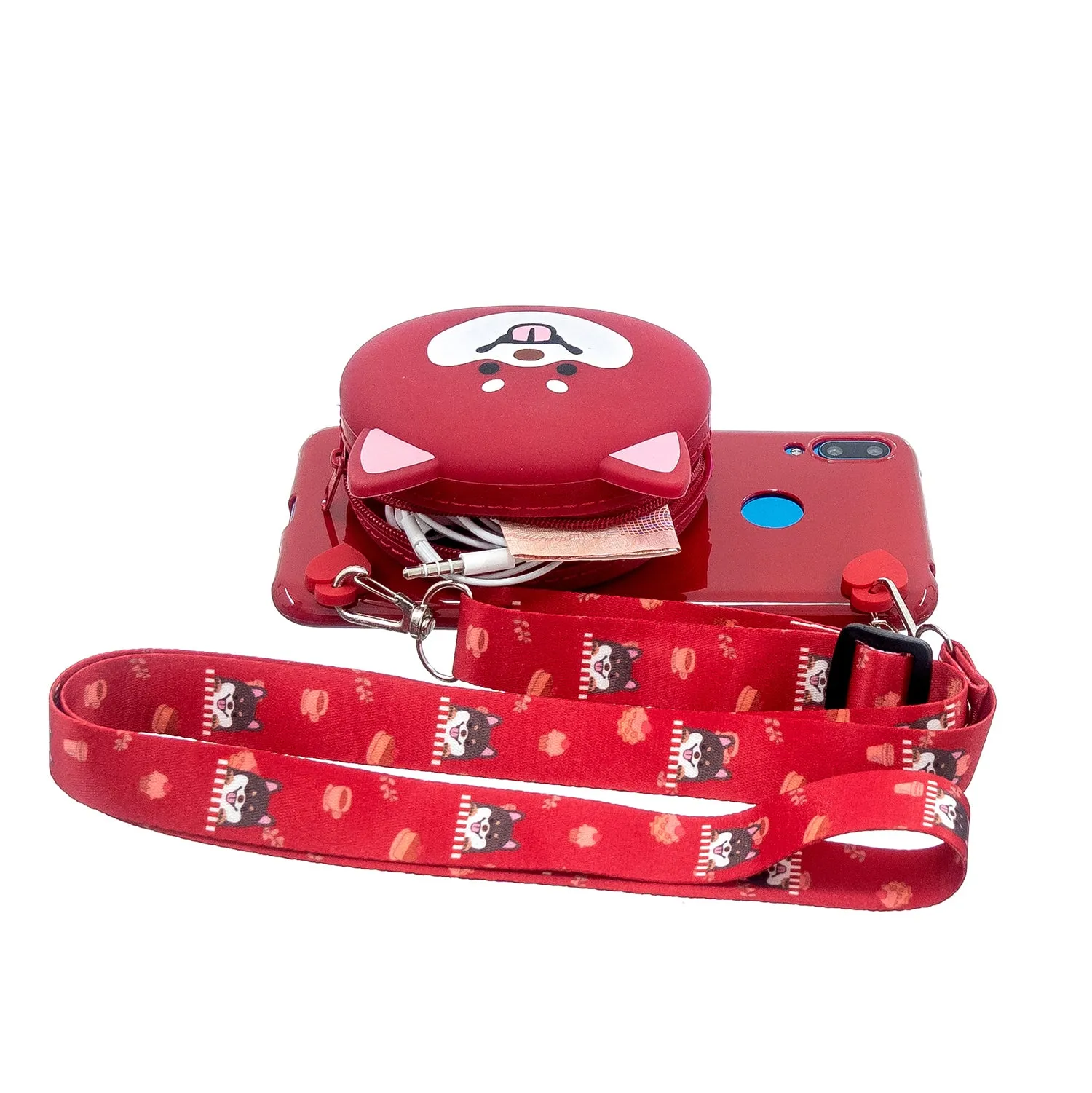 For HUAWEI Y6/Y7 Prime 2019 Cellphone Case Mobile Phone Shell Shockproof TPU Cover with Cartoon Cat Pig Panda Coin Purse Lovely Shoulder Starp  Red