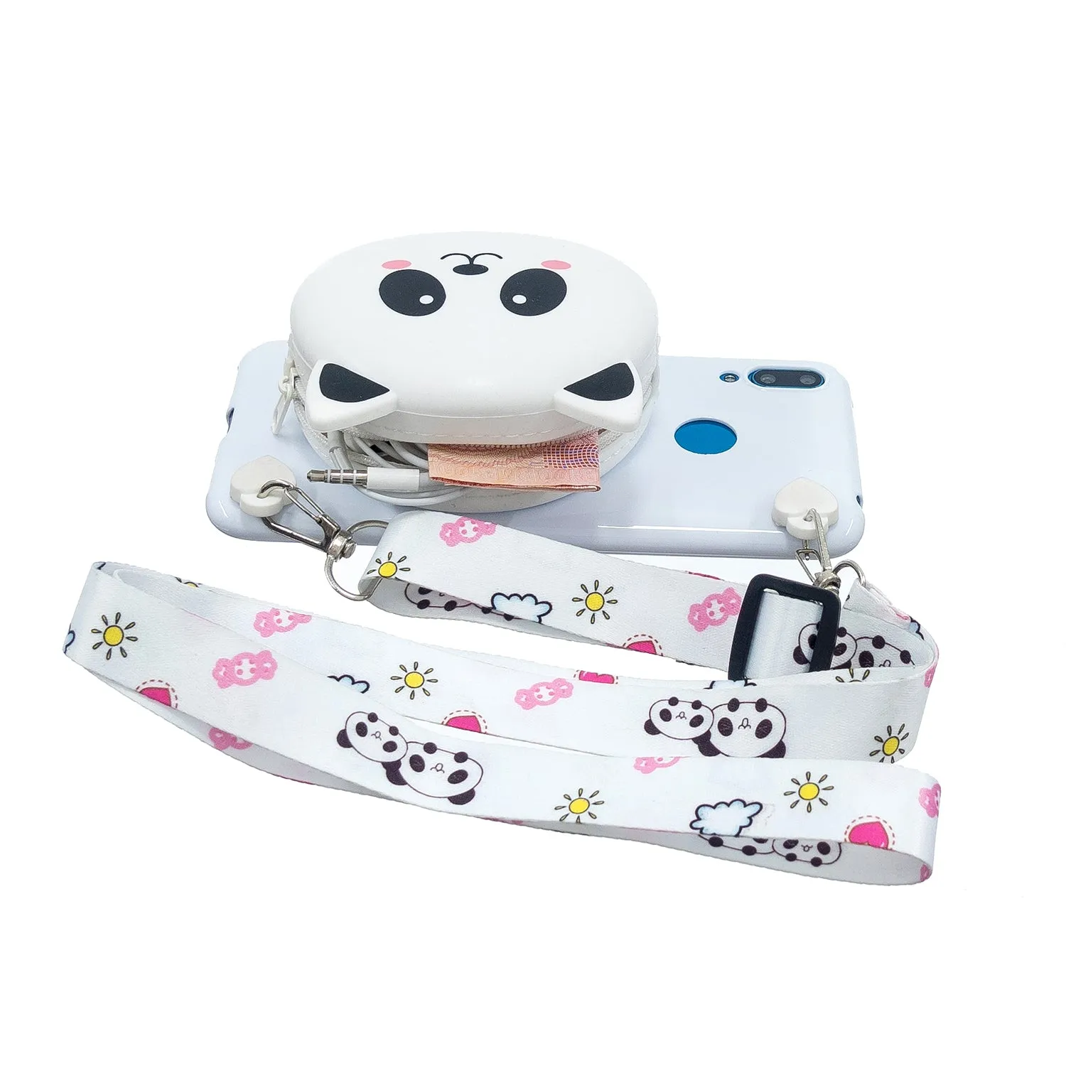 For HUAWEI Y6/Y7 Prime 2019 Cellphone Case Mobile Phone Shell Shockproof TPU Cover with Cartoon Cat Pig Panda Coin Purse Lovely Shoulder Starp  White