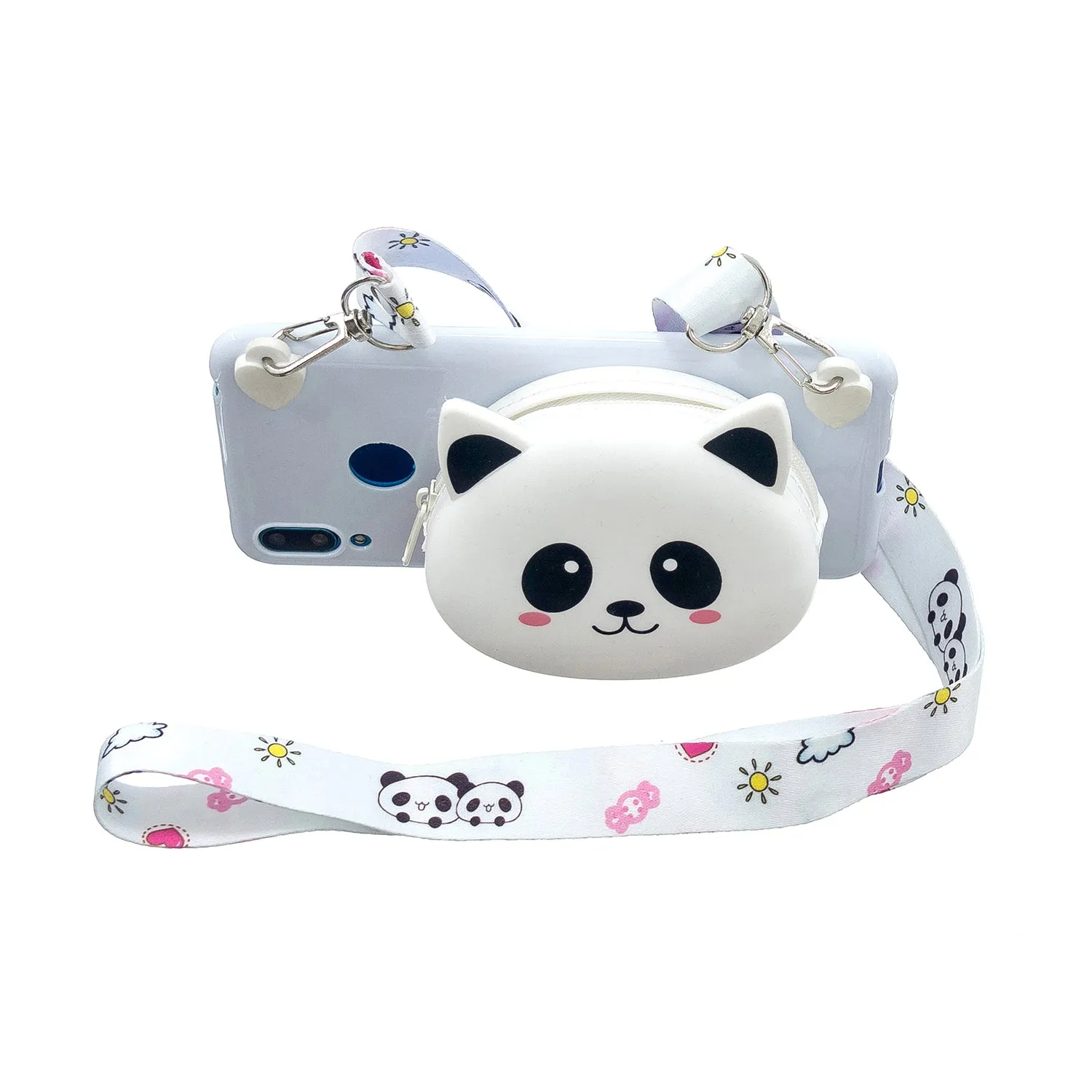 For HUAWEI Y6/Y7 Prime 2019 Cellphone Case Mobile Phone Shell Shockproof TPU Cover with Cartoon Cat Pig Panda Coin Purse Lovely Shoulder Starp  White