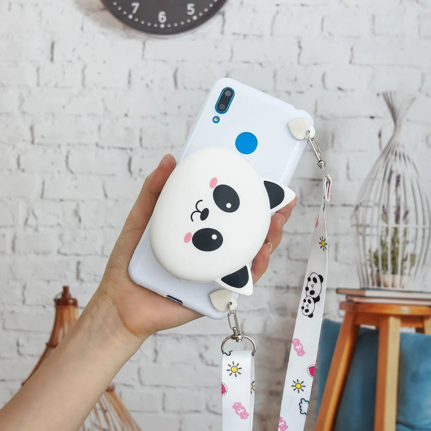 For HUAWEI Y6/Y7 Prime 2019 Cellphone Case Mobile Phone Shell Shockproof TPU Cover with Cartoon Cat Pig Panda Coin Purse Lovely Shoulder Starp  White