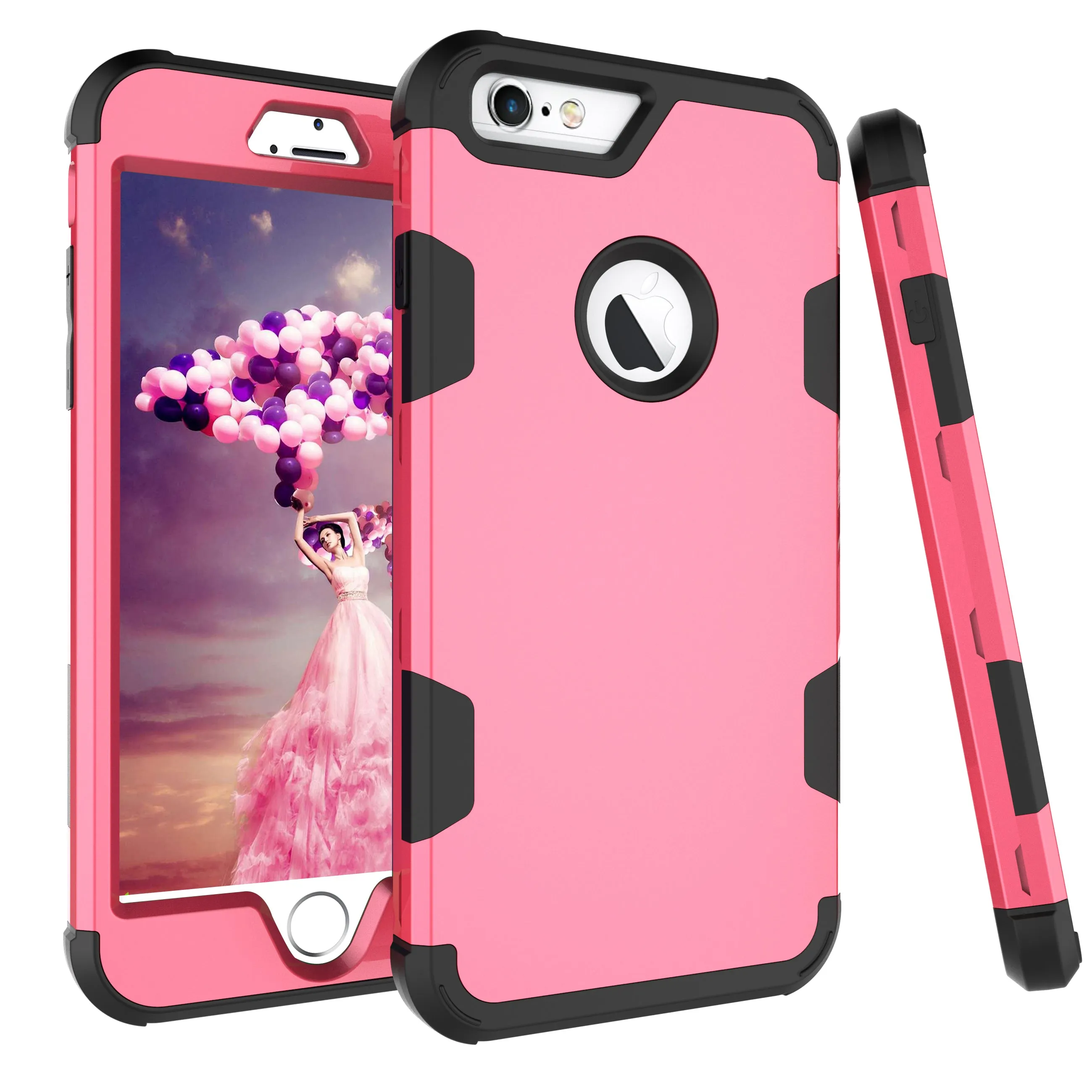For iPhone 6 plus/6S plus PC  Silicone 2 in 1 Hit Color Tri-proof Shockproof Dustproof Anti-fall Protective Cover Back Case Rose red   black