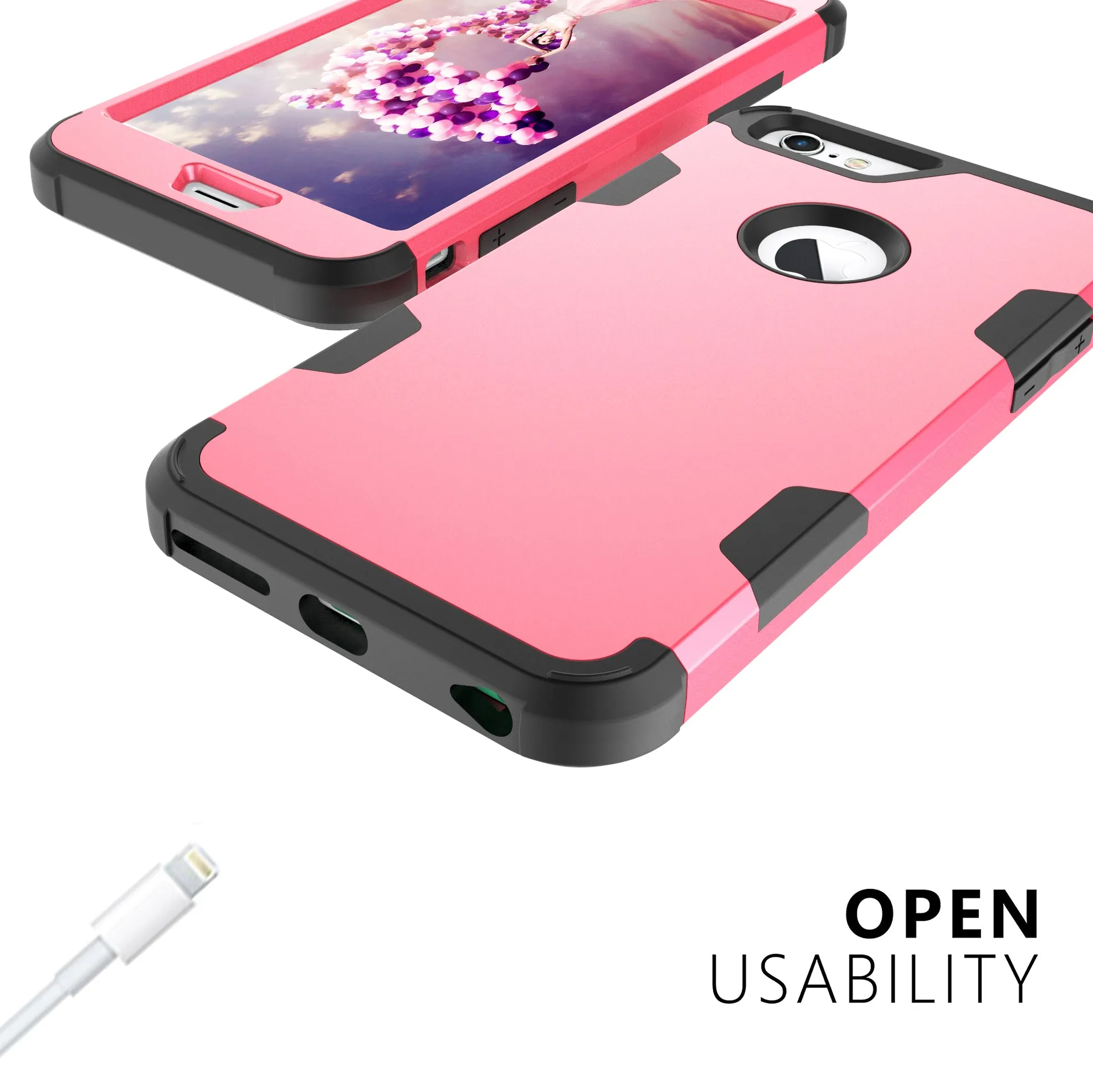 For iPhone 6 plus/6S plus PC  Silicone 2 in 1 Hit Color Tri-proof Shockproof Dustproof Anti-fall Protective Cover Back Case Rose red   black
