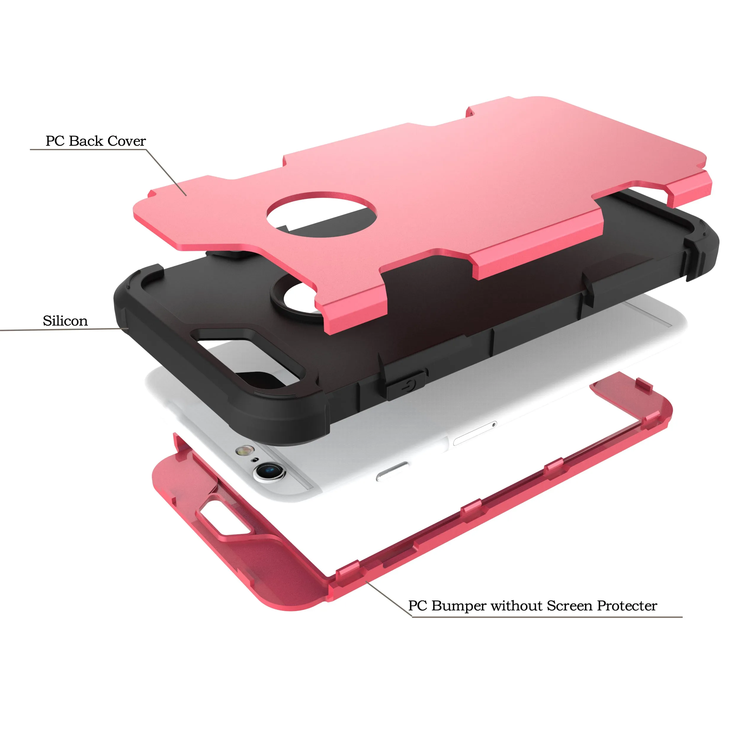 For iPhone 6 plus/6S plus PC  Silicone 2 in 1 Hit Color Tri-proof Shockproof Dustproof Anti-fall Protective Cover Back Case Rose red   black