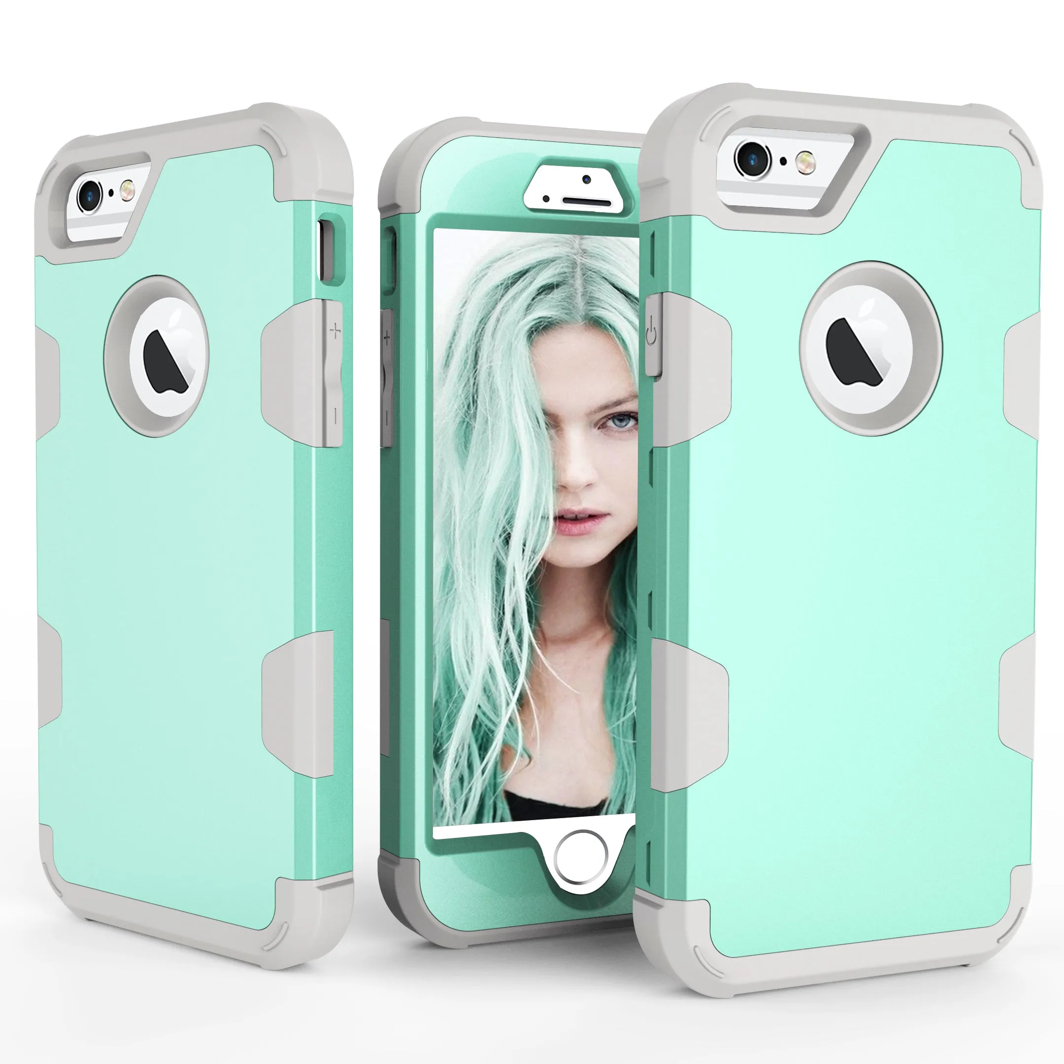 For iPhone 6/6S PC  Silicone 2 in 1 Hit Color Tri-proof Shockproof Dustproof Anti-fall Protective Cover Back Case Mint green   gray