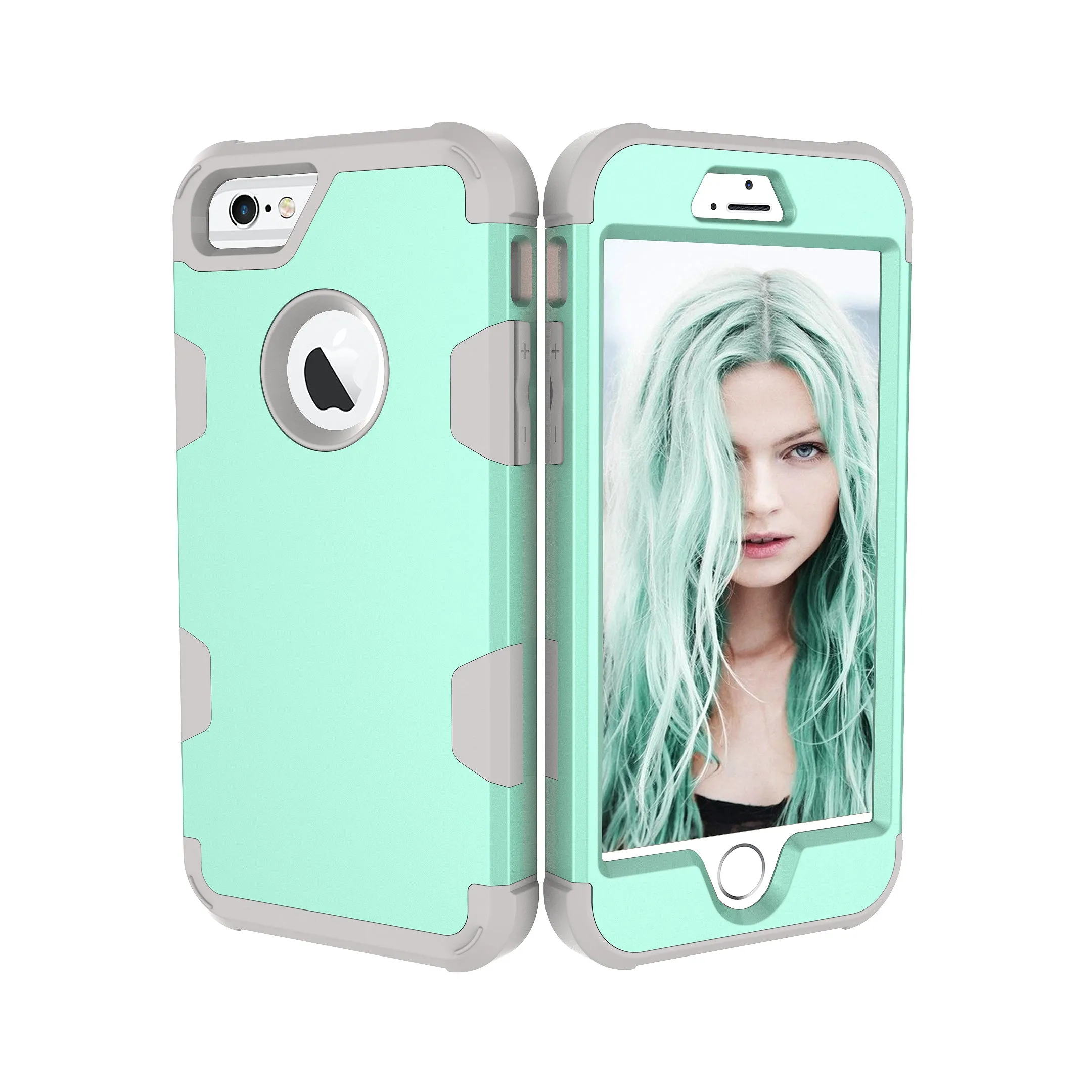 For iPhone 6/6S PC  Silicone 2 in 1 Hit Color Tri-proof Shockproof Dustproof Anti-fall Protective Cover Back Case Mint green   gray