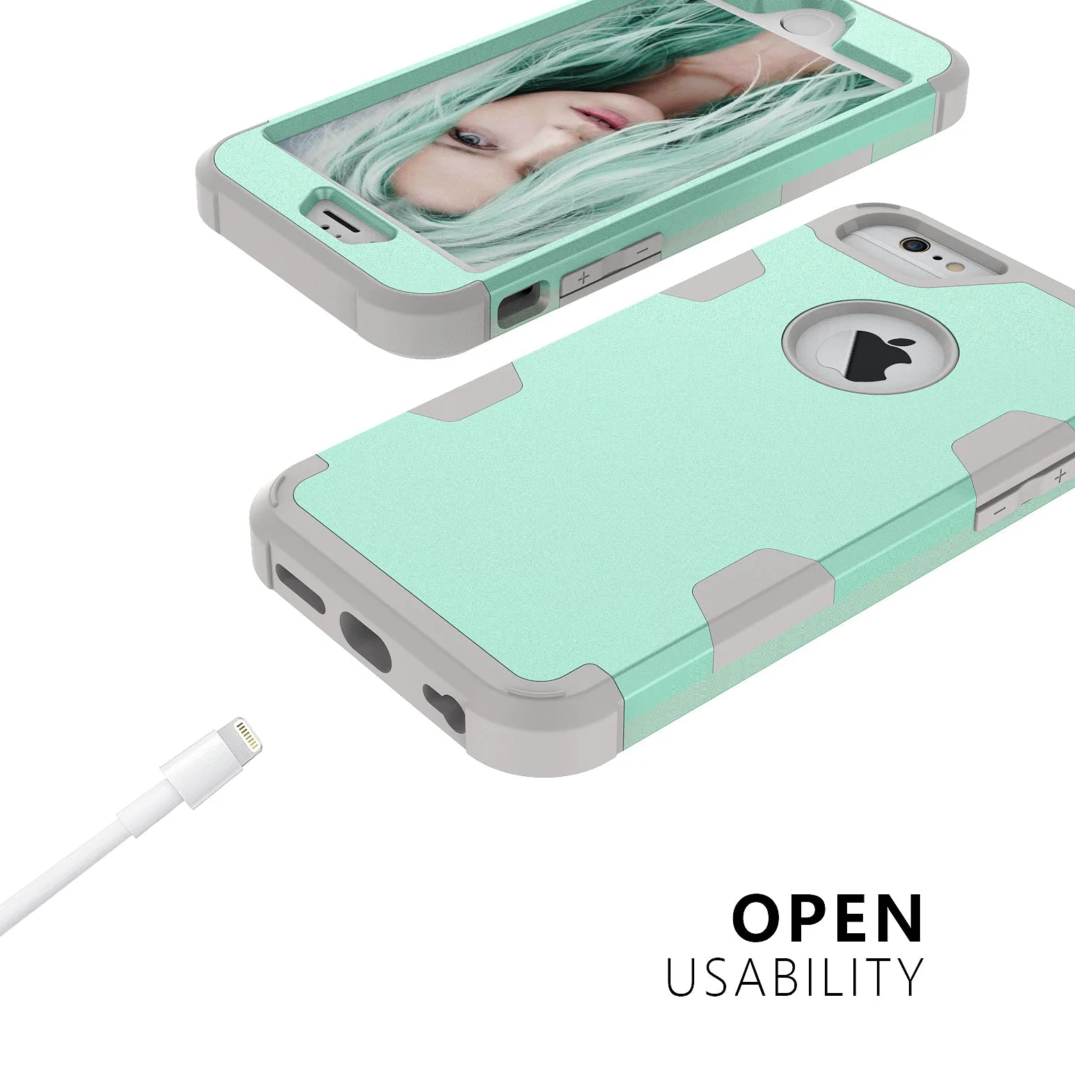 For iPhone 6/6S PC  Silicone 2 in 1 Hit Color Tri-proof Shockproof Dustproof Anti-fall Protective Cover Back Case Mint green   gray