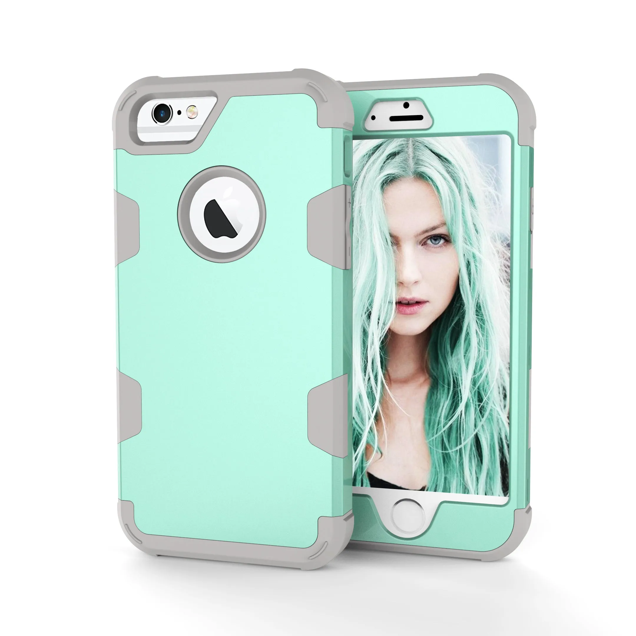 For iPhone 6/6S PC  Silicone 2 in 1 Hit Color Tri-proof Shockproof Dustproof Anti-fall Protective Cover Back Case Mint green   gray